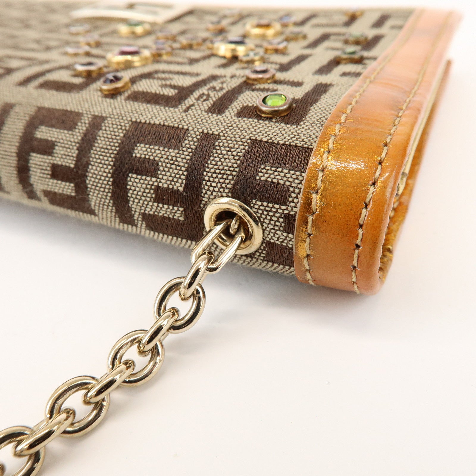 FENDI Zucchino Canvas Leather Chain Long Wallet Brown Gold 8M0219