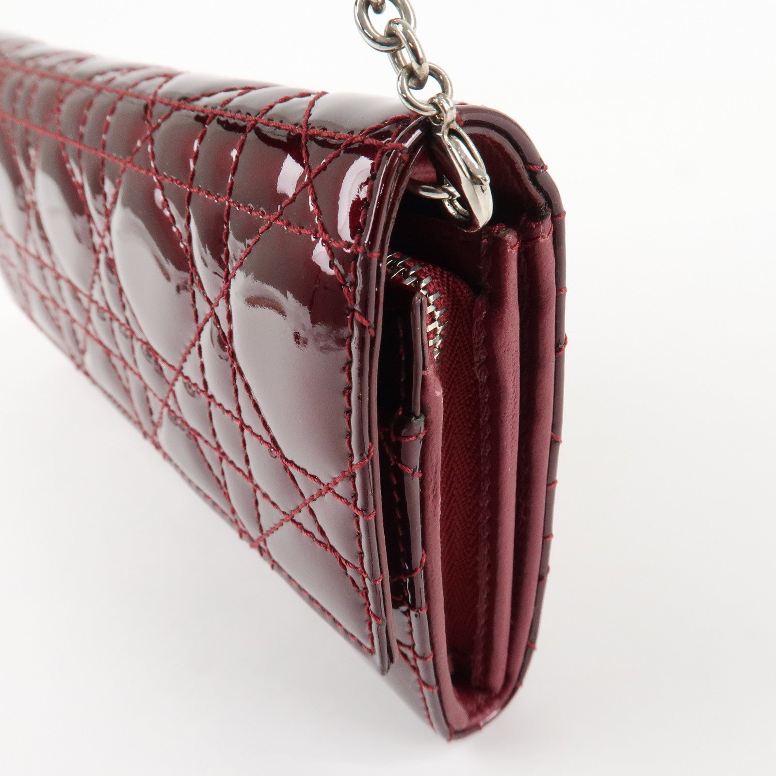 Christian Dior Lady Dior Cannage Patent Leather Chain Wallet Bordeaux Used