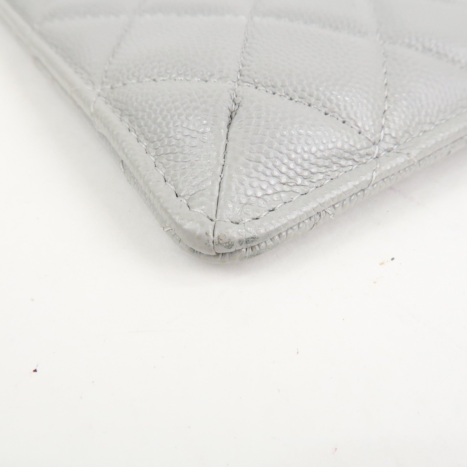 CHANEL Matelasse Caviar Skin Coco Mark Classic Pouch Card Case Gray Used