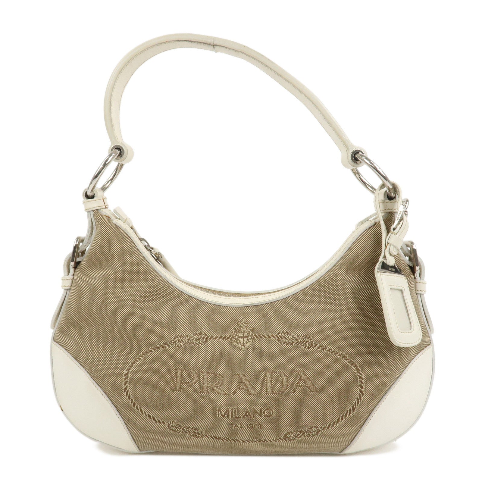PRADA Logo Canvas Leather Shoulder Bag Hand Bag Beige White BR3429