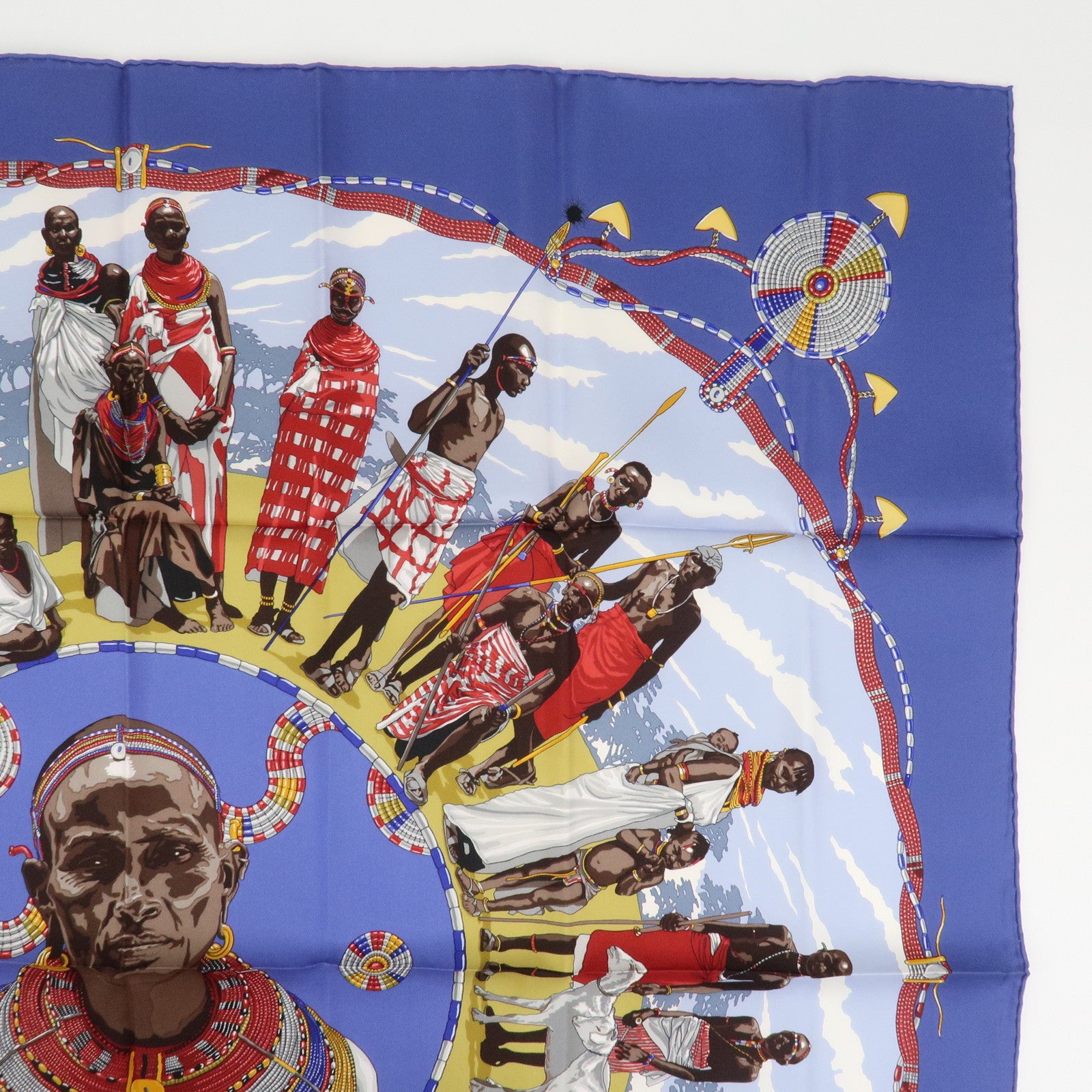 HERMES Carre 90 Silk 100% Scarf PERLES DU KENYA Blue Multicolor