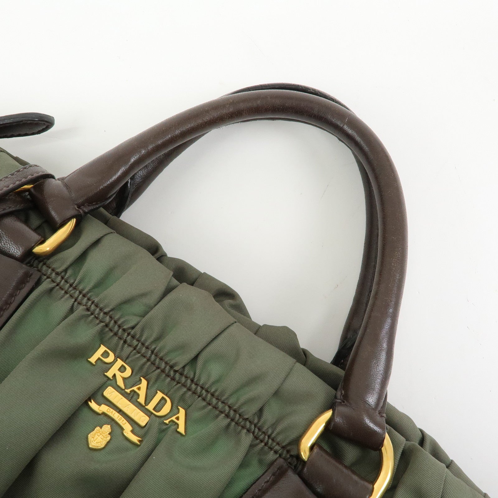 PRADA Nylon Leather Gathered 2Way Bag Hand Bag Khaki BN1407