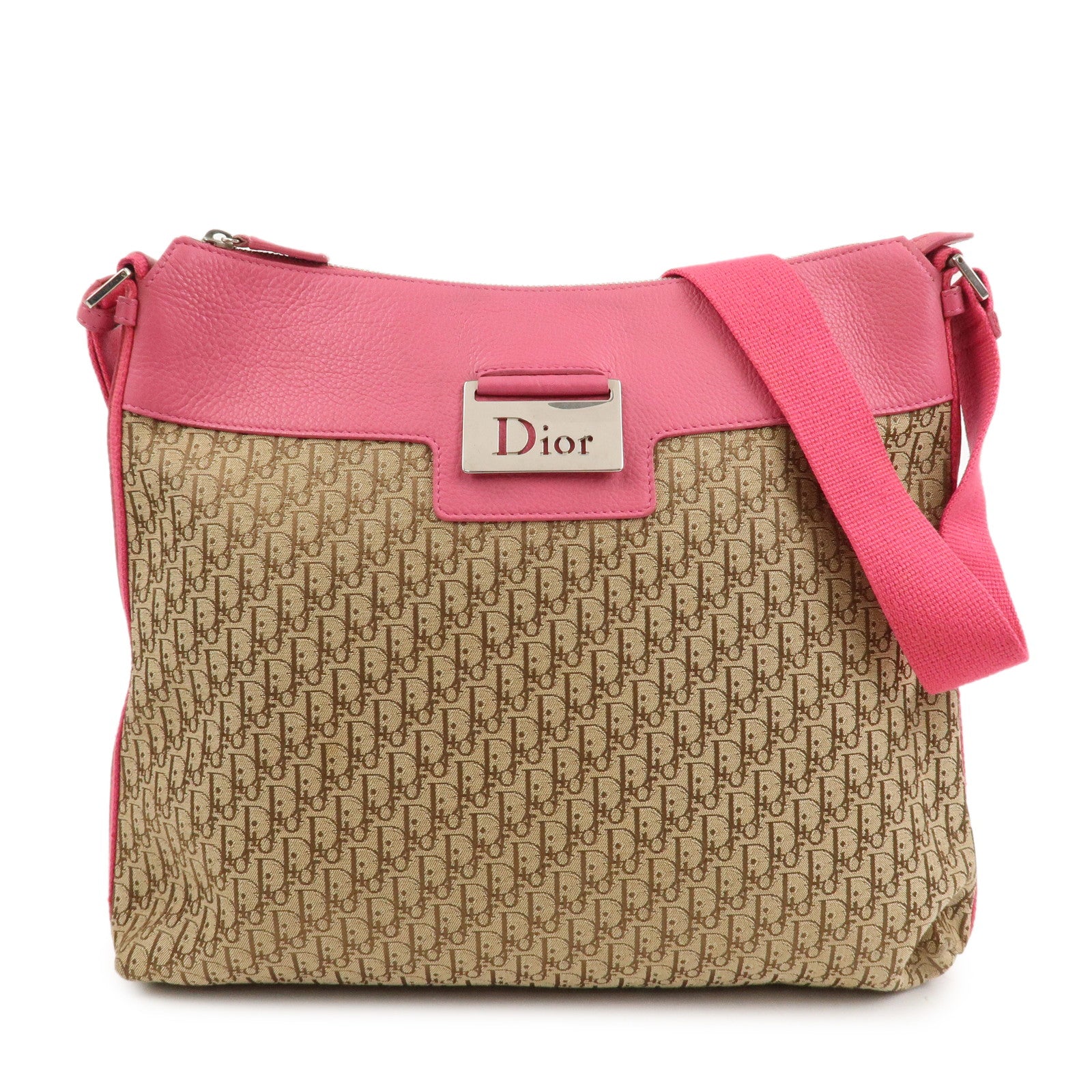 Christian Dior Trotter Canvas Leather Shoulder Bag Beige Pink