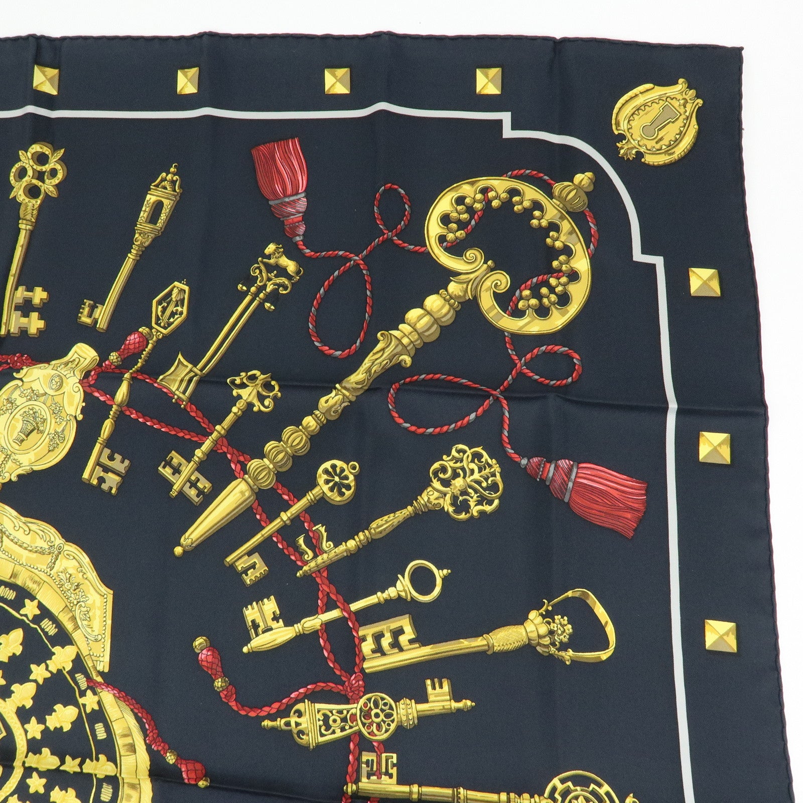 HERMES Carre 90 Silk 100% Scarf LES CLES THE KEYS RARE Black Gold