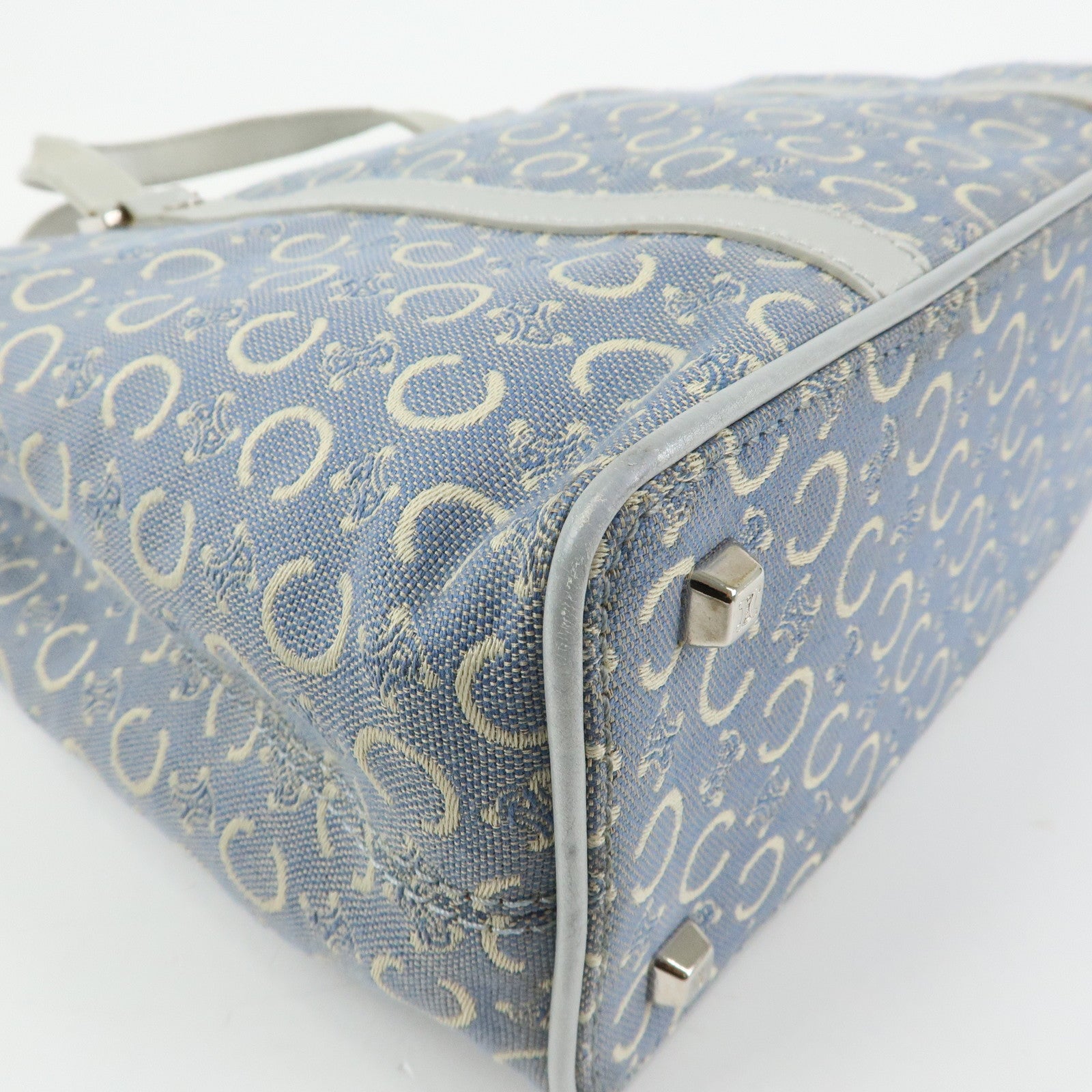 CELINE C Macadam Canvas Leather Tote Bag Hand Bag Light Blue Silver