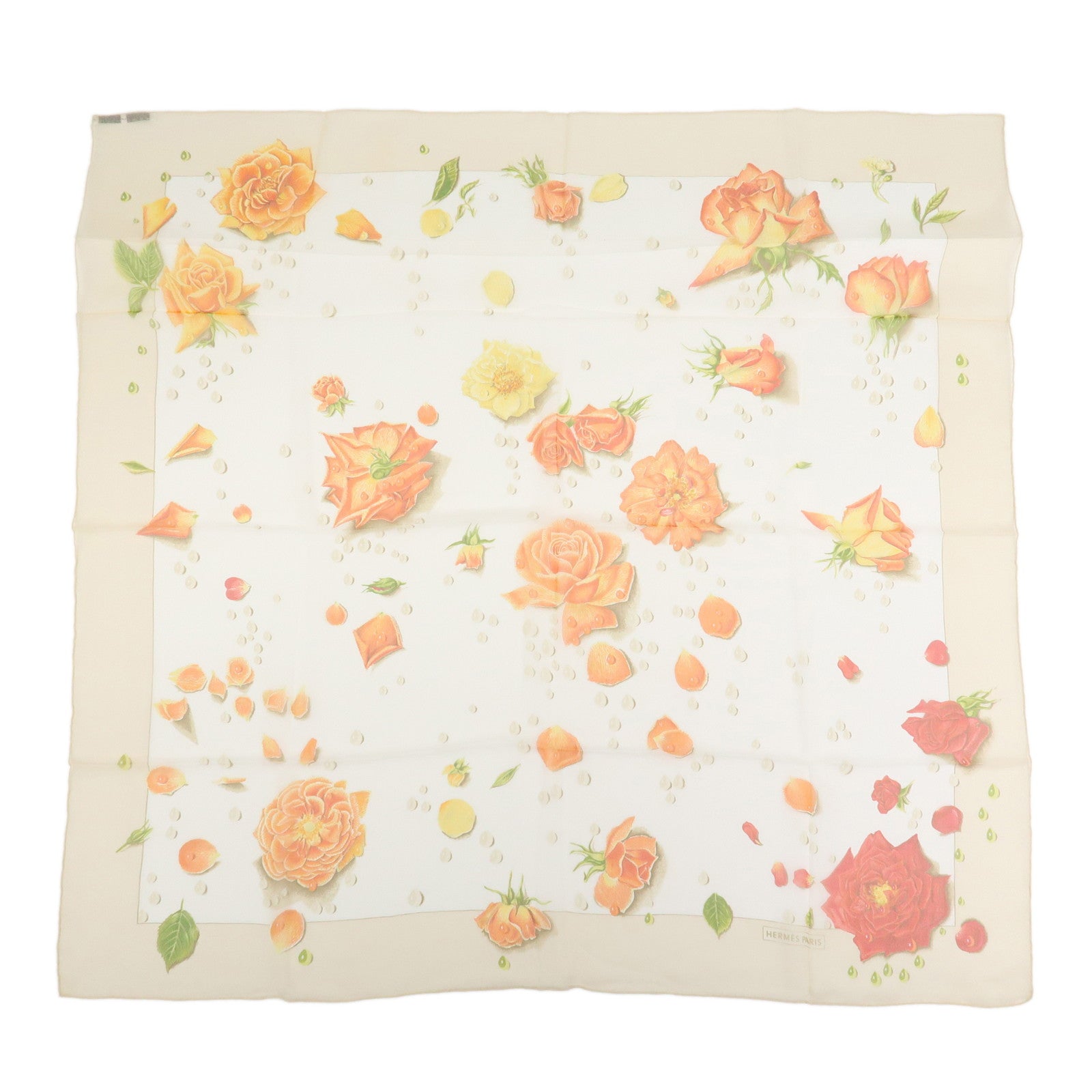 HERMES Carre 90 Silk 100% LA ROSEE Anne Gavarni Scarf Orange