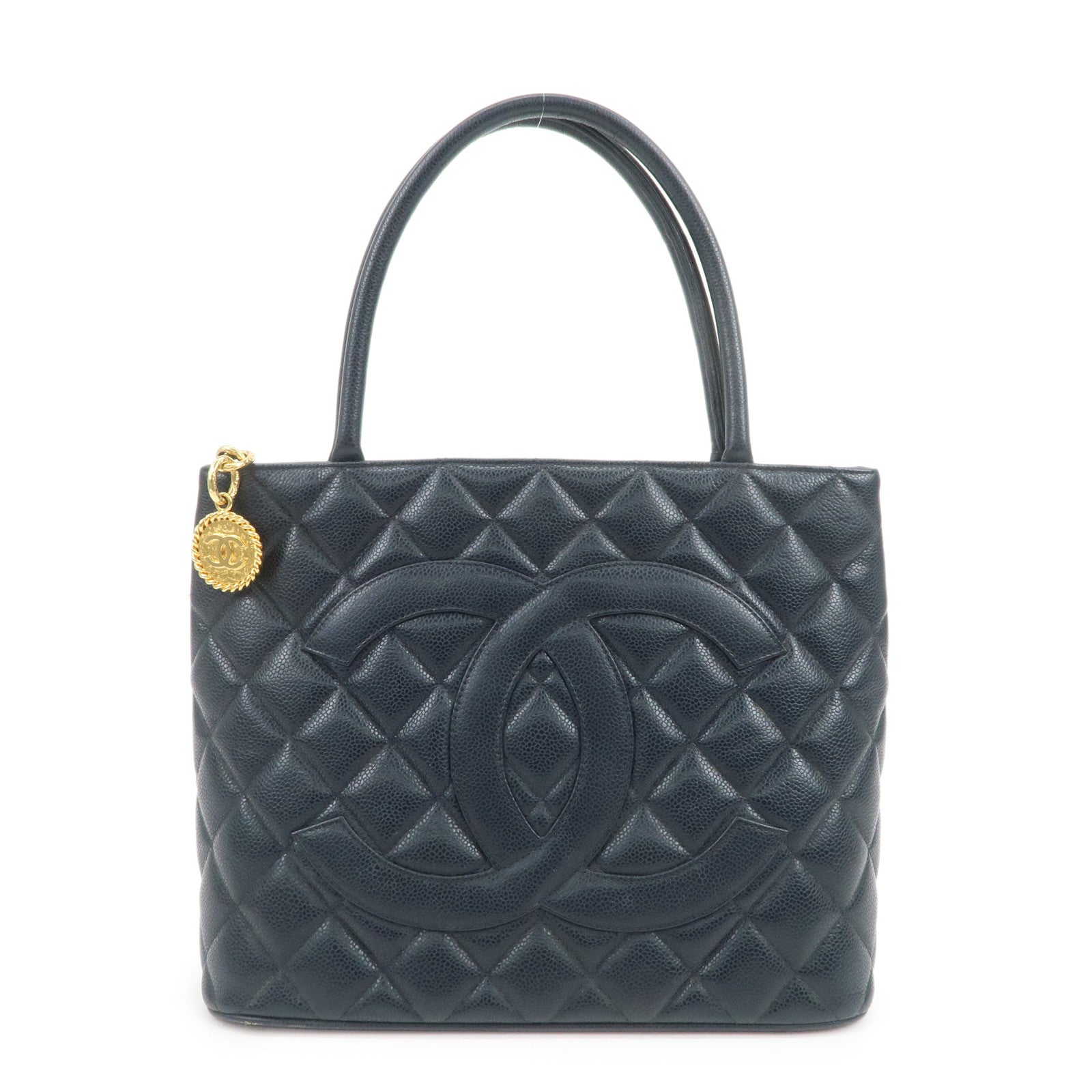 CHANEL COCO Mark Matelasse Medallion Tote Bag Hand Bag Navy A01804
