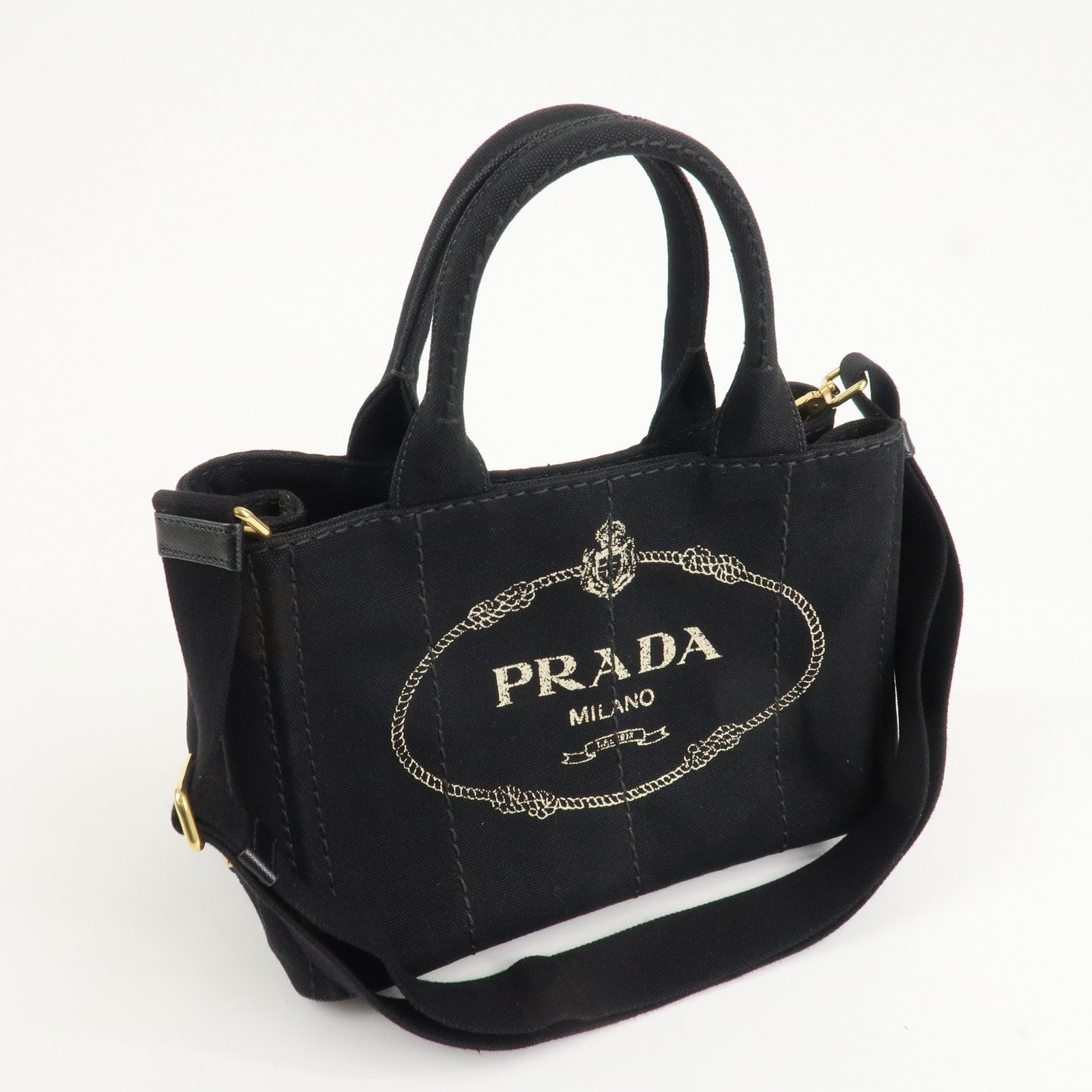 PRADA Canapa Mini Canvas 2Way Hand Bag Tote Bag Black 1BG439 Used