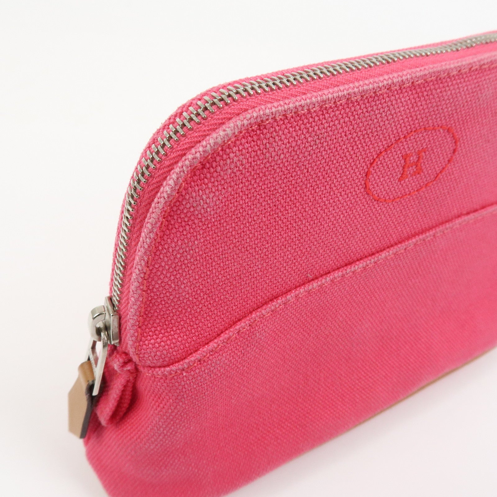HERMES Canvas Leather Bolide Pouch Cosmetic Pouch Makeup Bag Pink