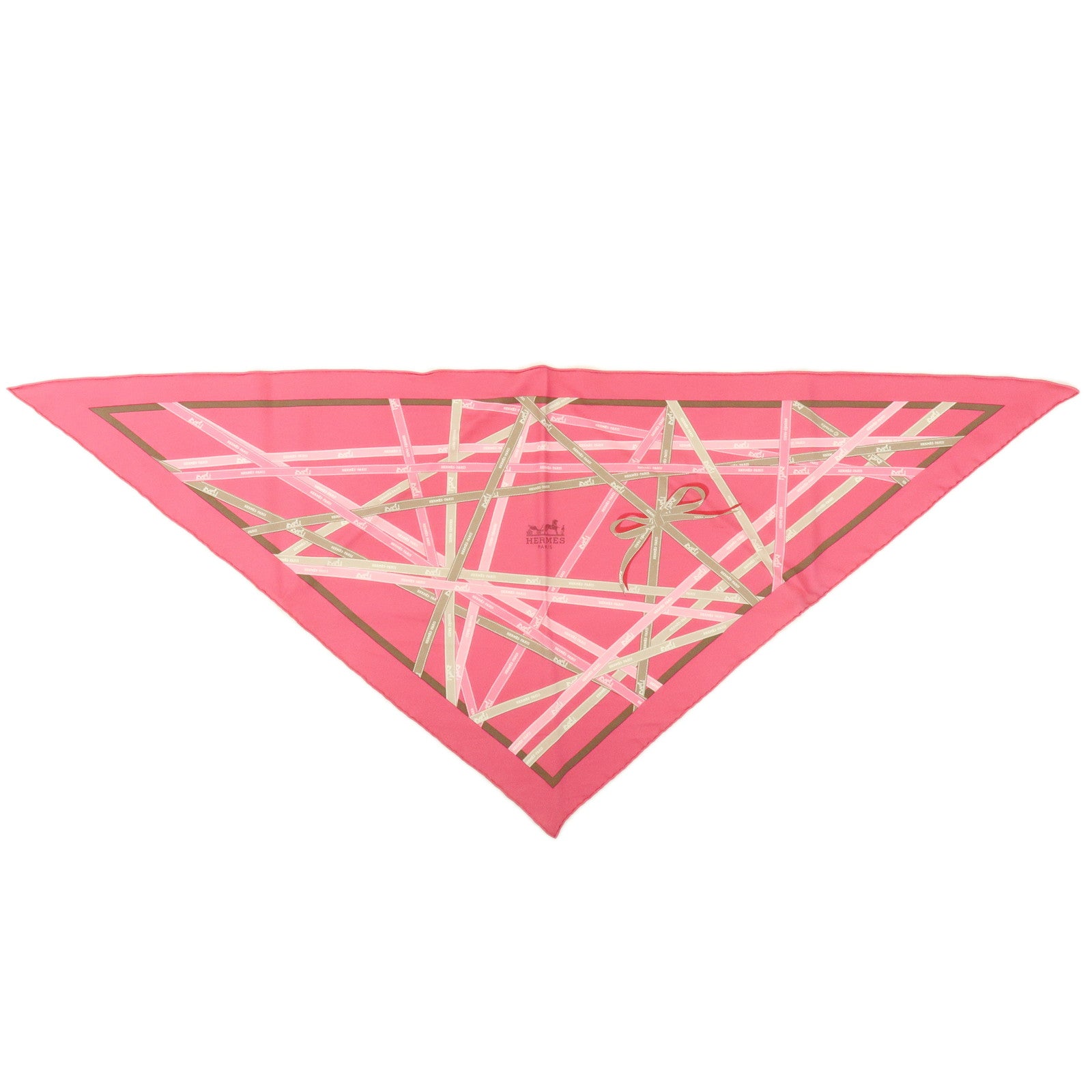 HERMES Pointu Silk 100% Scarf Ribbon Print Pink Beige