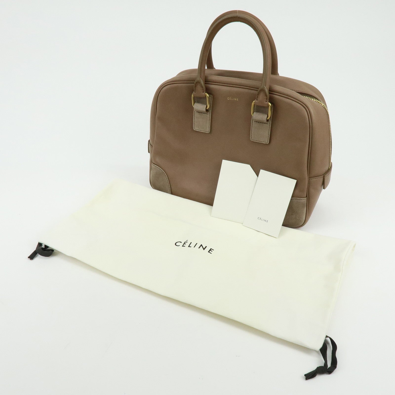 CELINE Leather Suede Hand Bag Boston Bag Beige