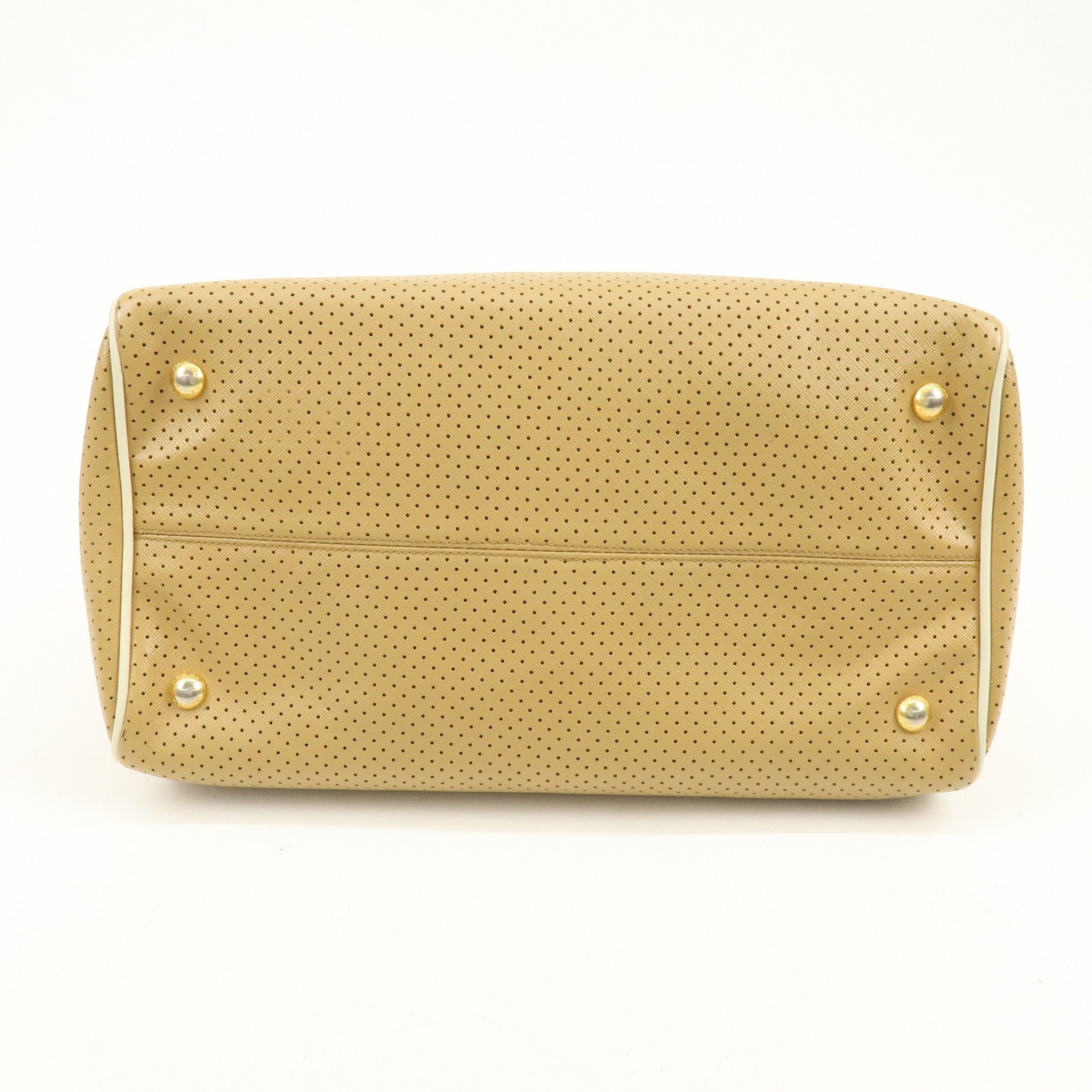 PRADA Triangle Logo Saffiano Leather Punched Boston Bag Beige