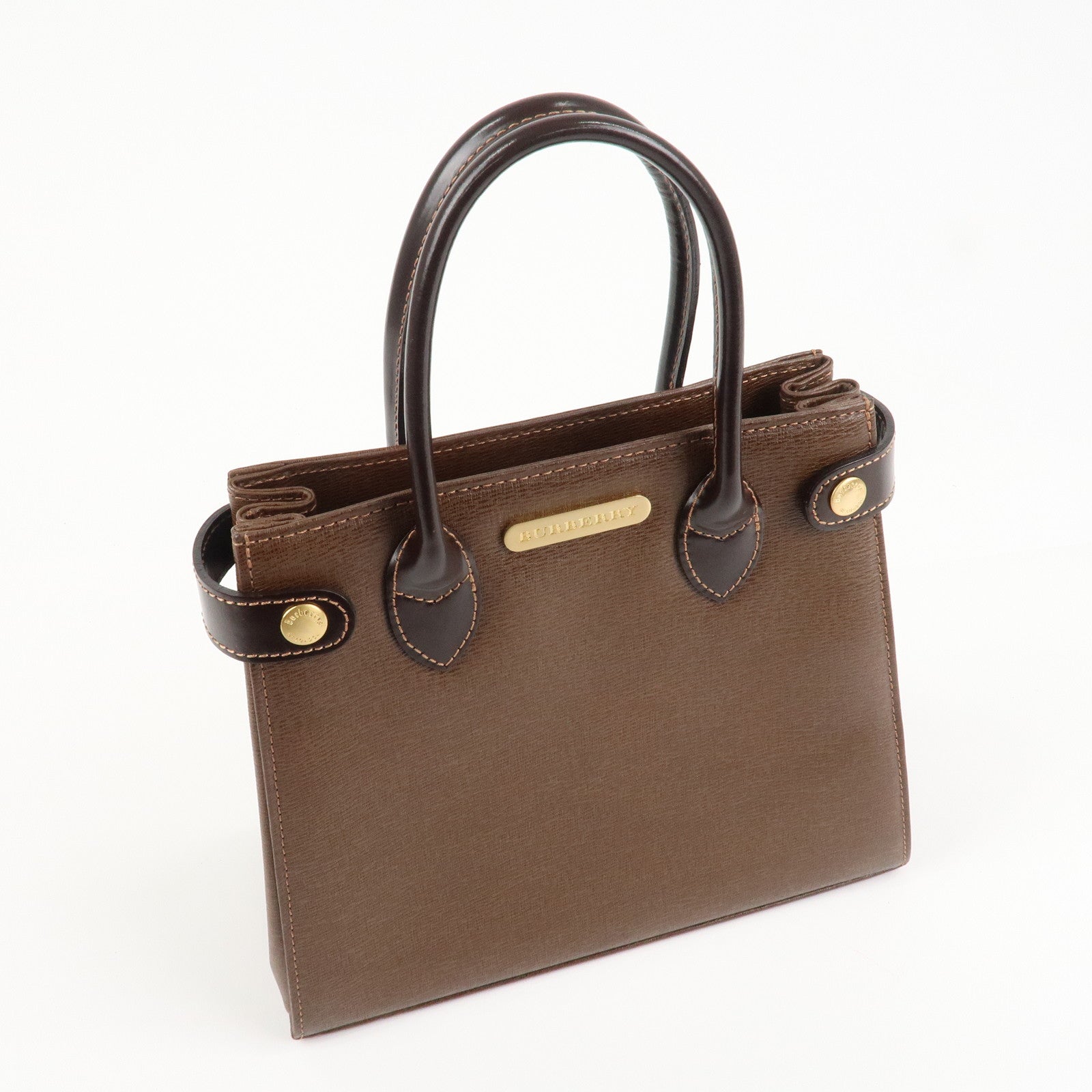 BURBERRY Leather Hand Bag Tote Bag Brown Gold Hardware Used