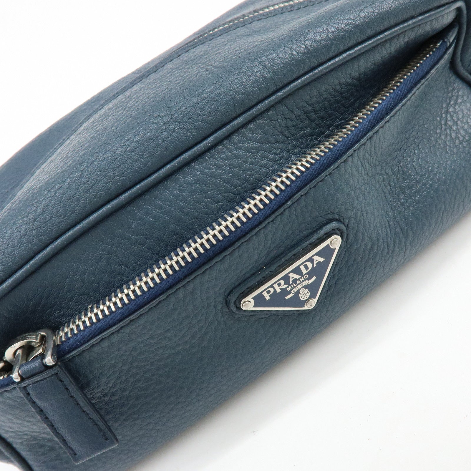 PRADA Triangle Logo Leather Cosmetic Pouch Accessory Pouch Navy