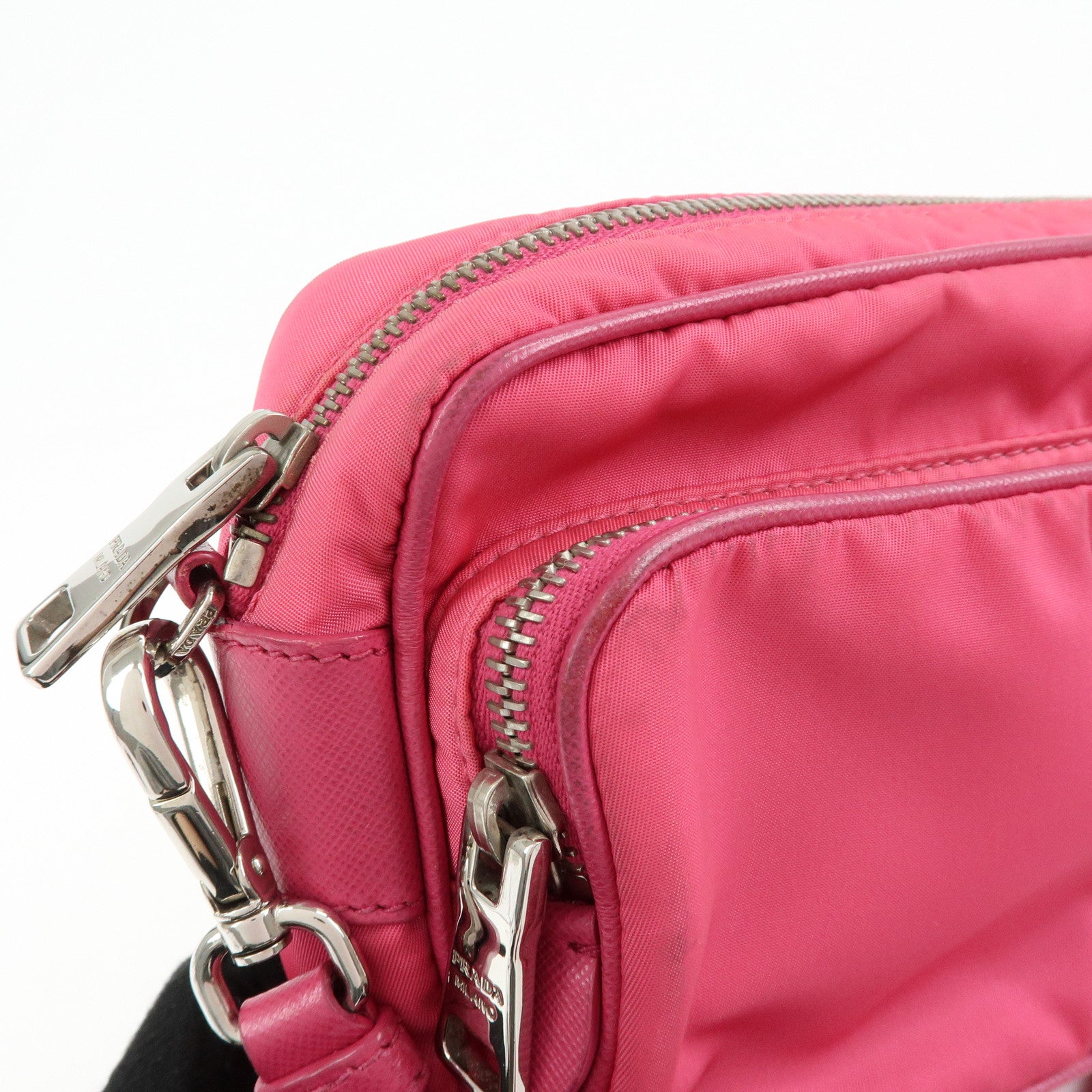 PRADA Triangle Logo Nylon Leather Shoulder Bag Pink BT1010