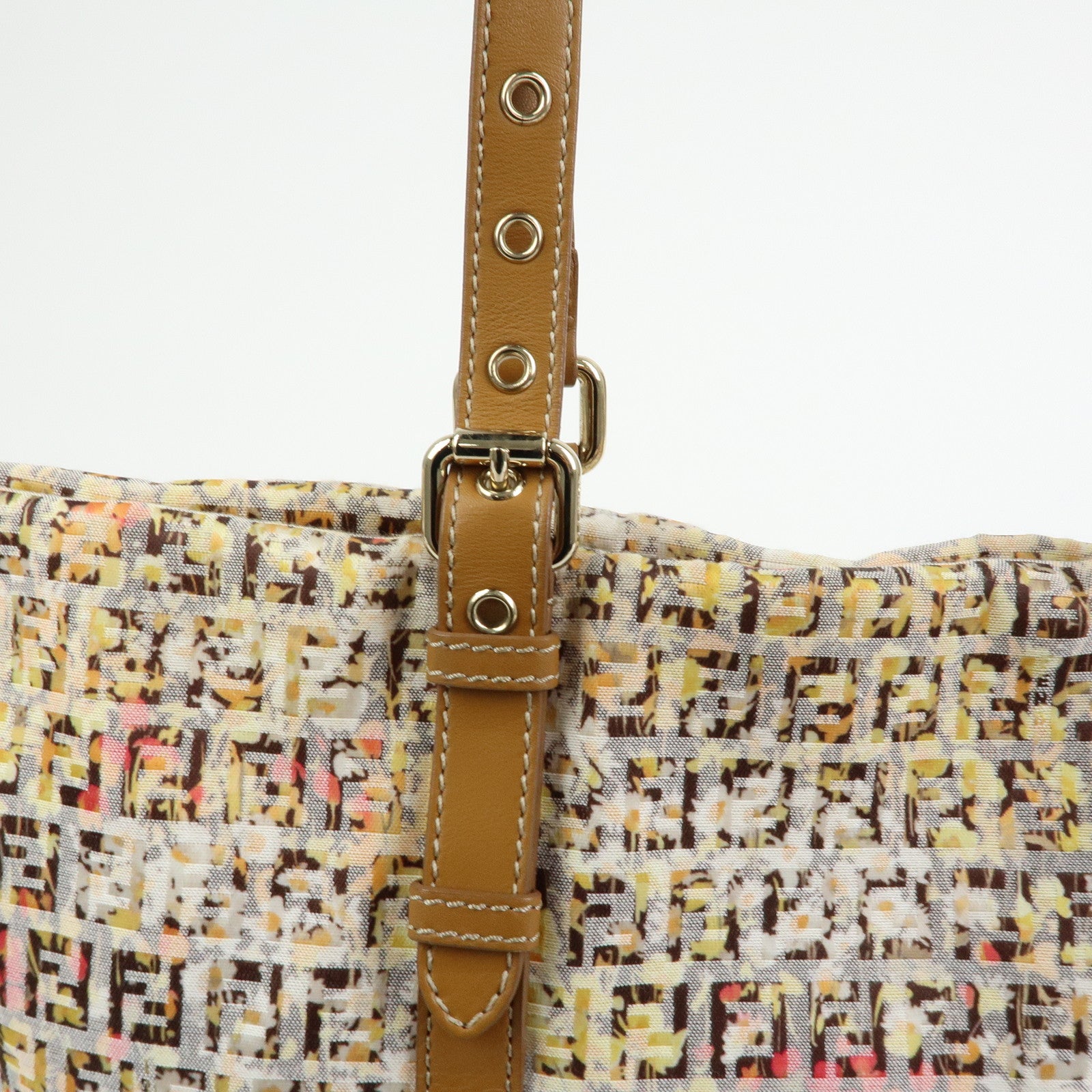 FENDI Zucchino Canvas Leather Flower Print Tote Bag Hand Bag 8BH215
