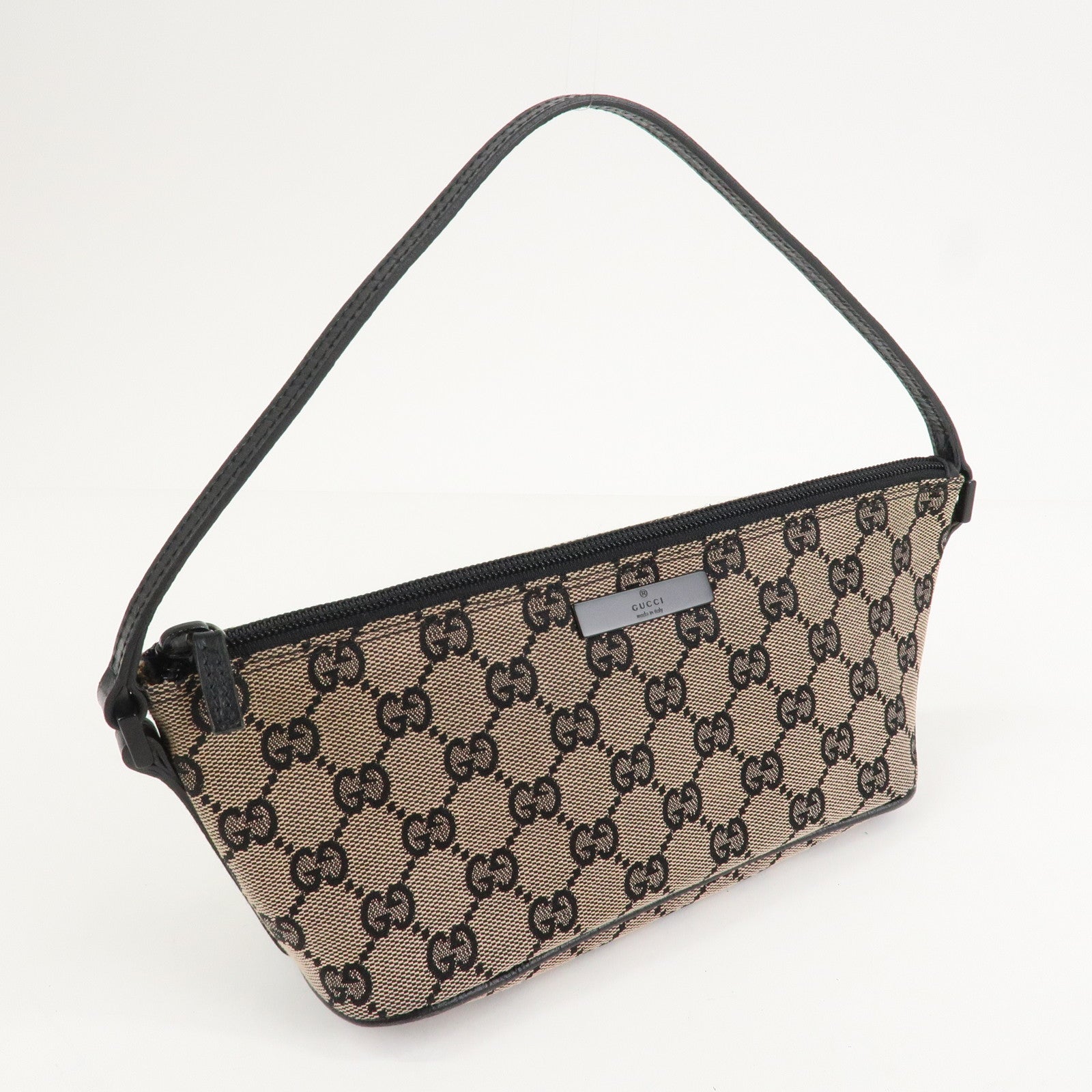 GUCCI Boat Bag GG Canvas Leather Hand Bag Beige Navy 07198