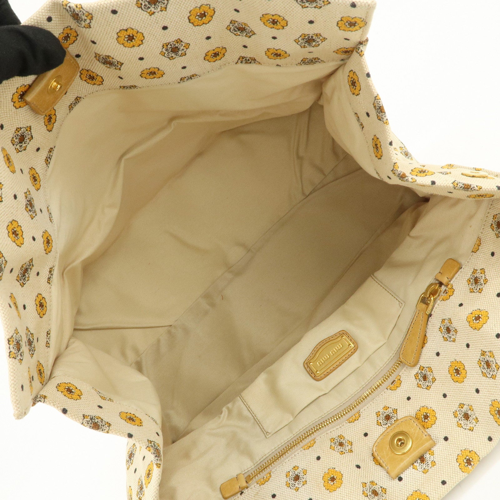 MIU MIU Canvas Leather Tote Bag Hand Bag Flower Motif Beige
