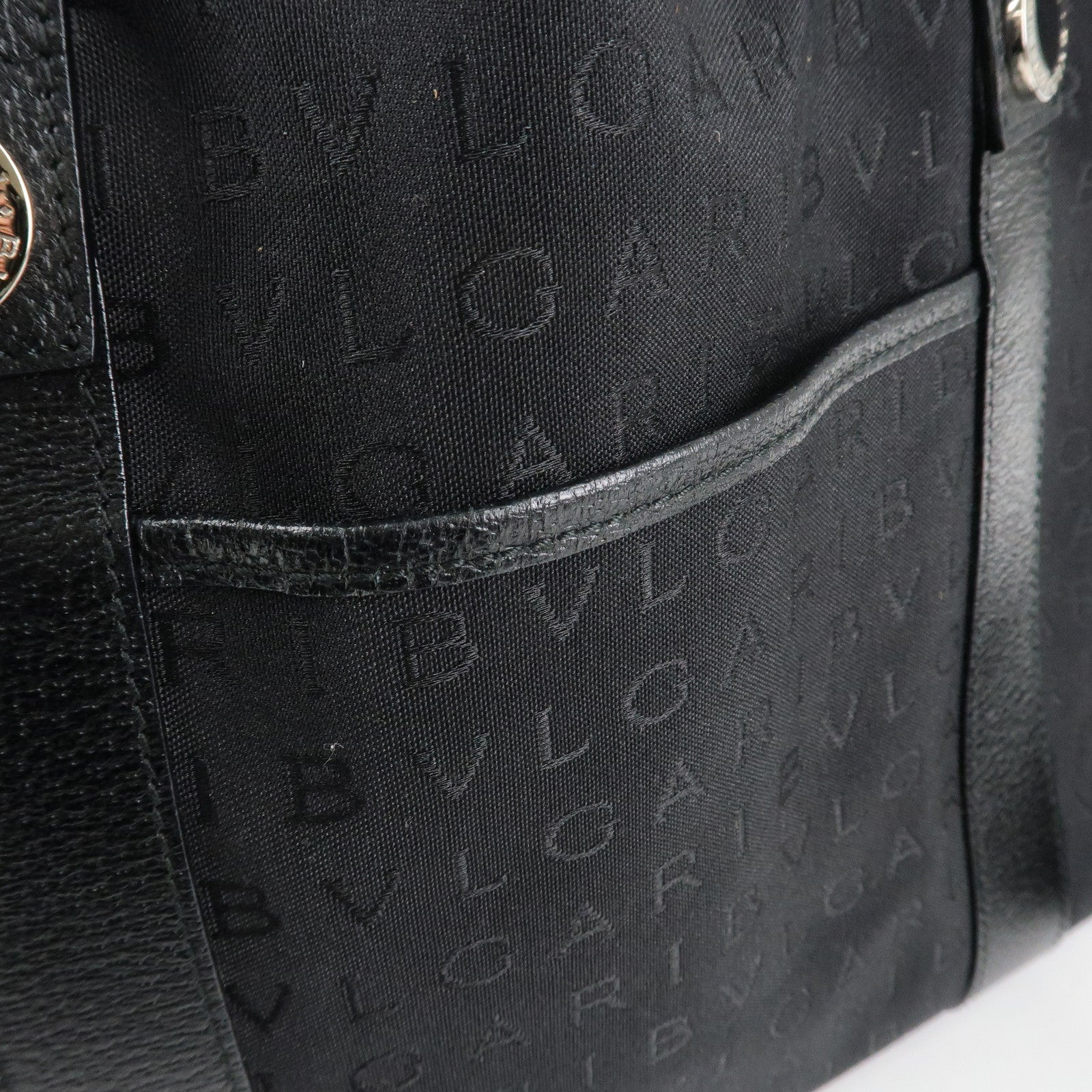 BVLGARI Logo Mania Canvas Leather Tote Bag Hand Bag Black Silver HDW Used