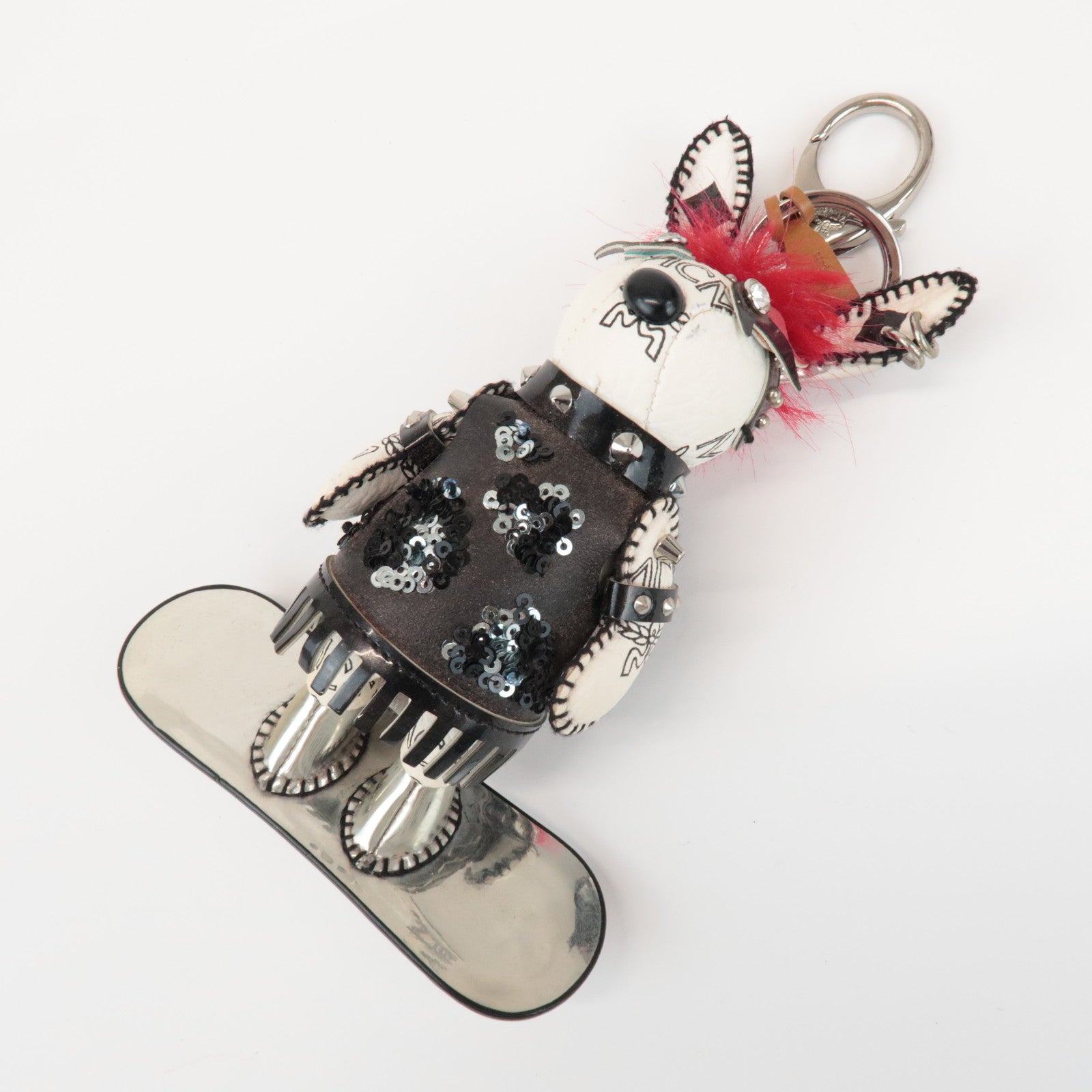 MCM Rabbit Skateboard Leather Metal Key Holder Ivory Black