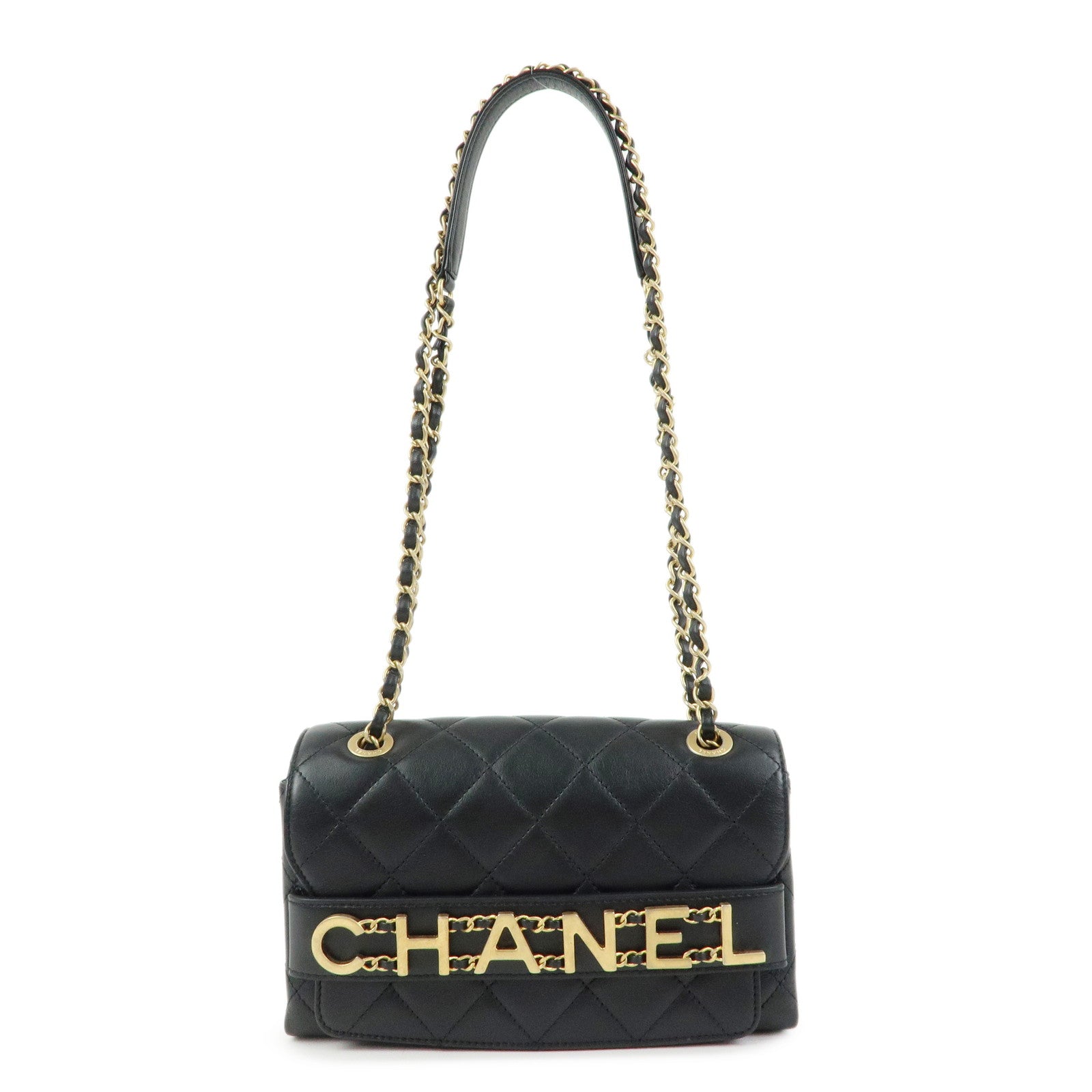 CHANEL Mini Matelasse Lamb Skin Logo Flap Chain Shoulder Bag Black