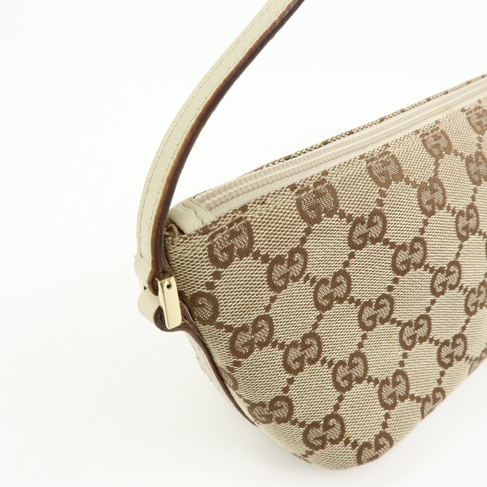 GUCCI Boat Bag GG Canvas Leather Hand Bag Pouch Brown Ivory 07198