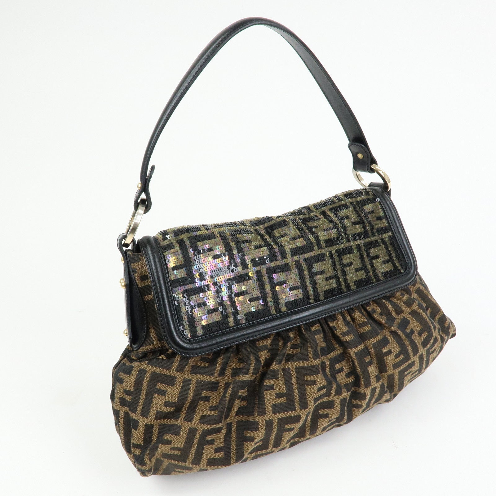 FENDI Zucca Canvas Leather Sequined Shoulder Bag Brown 8BR436