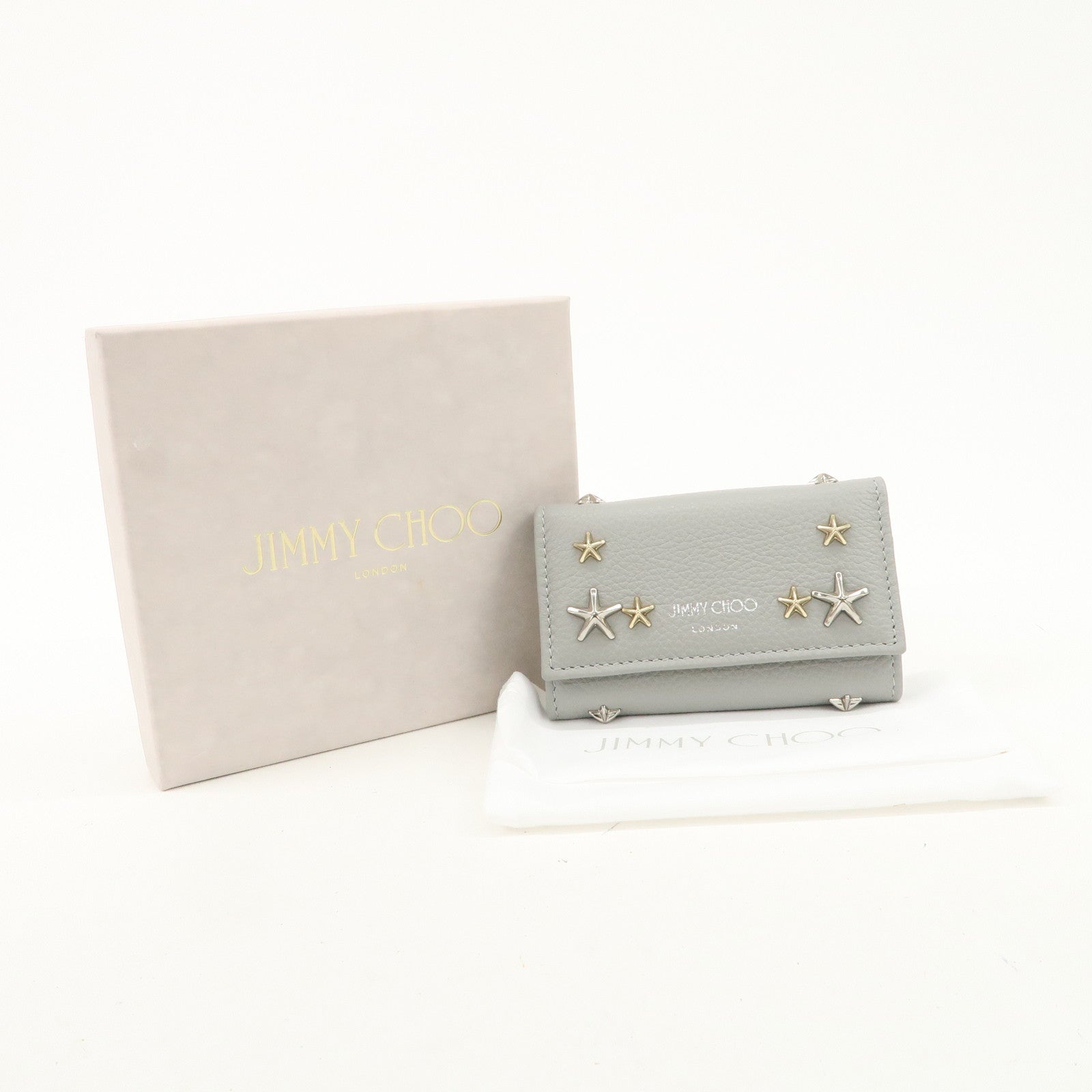 JIMMY CHOO Neptune Leather Studs Key Case Gray Silver Gold 101953 Used