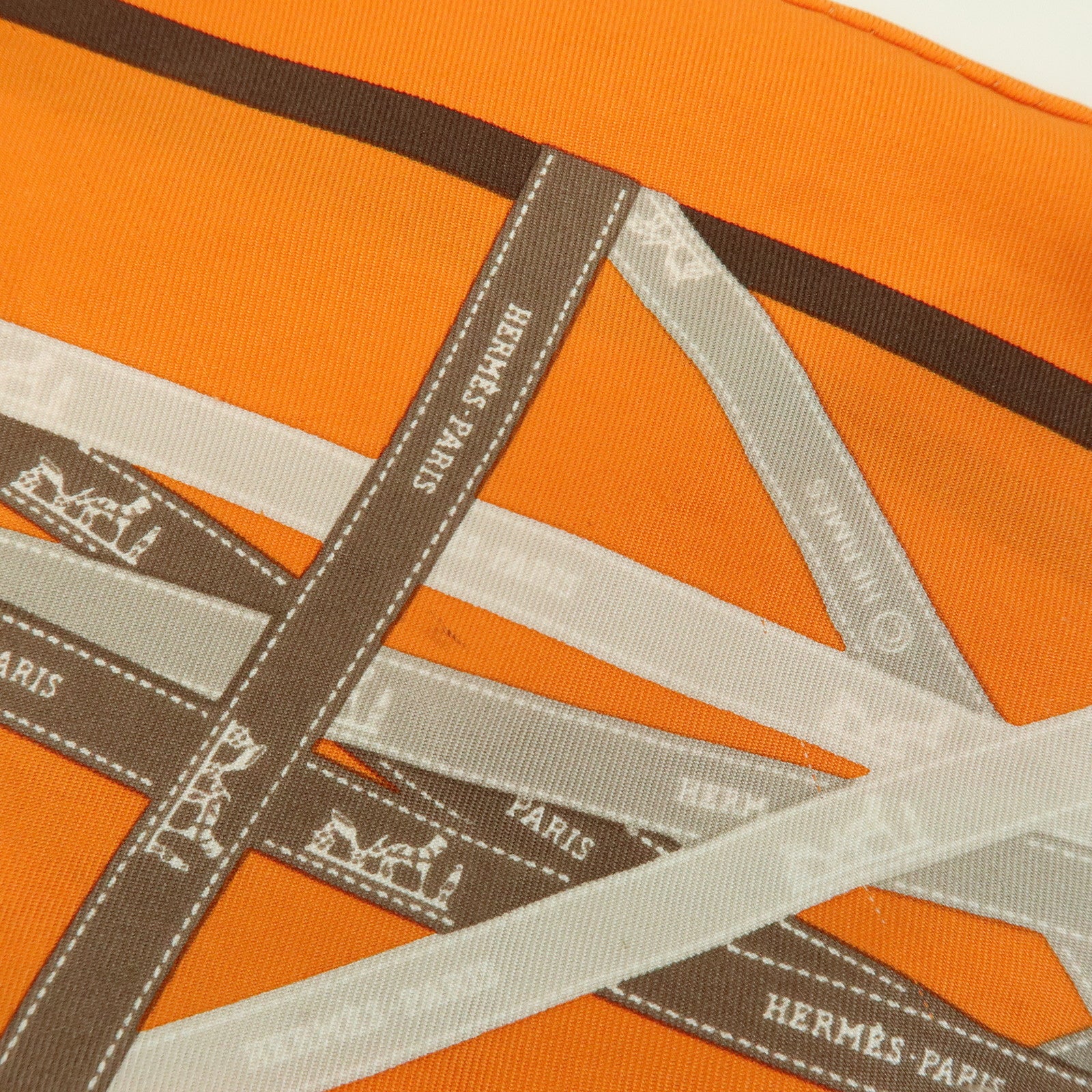 HERMES Pointu Set of 2 Silk 100% Scarf Ribbon Print Orange Beige