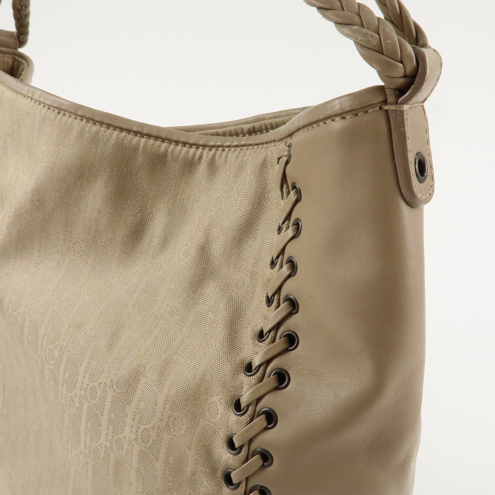 Christian Dior Trotter Canvas Leather Shoulder Bag Heart Charm Beige Used