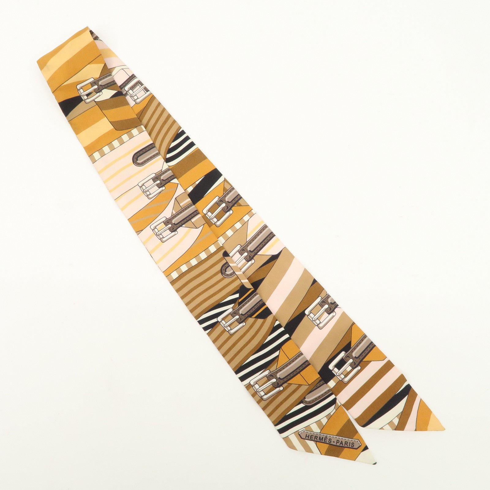 HERMES Twilly Silk 100% Scarf LES SANGLES Brown Black Peach