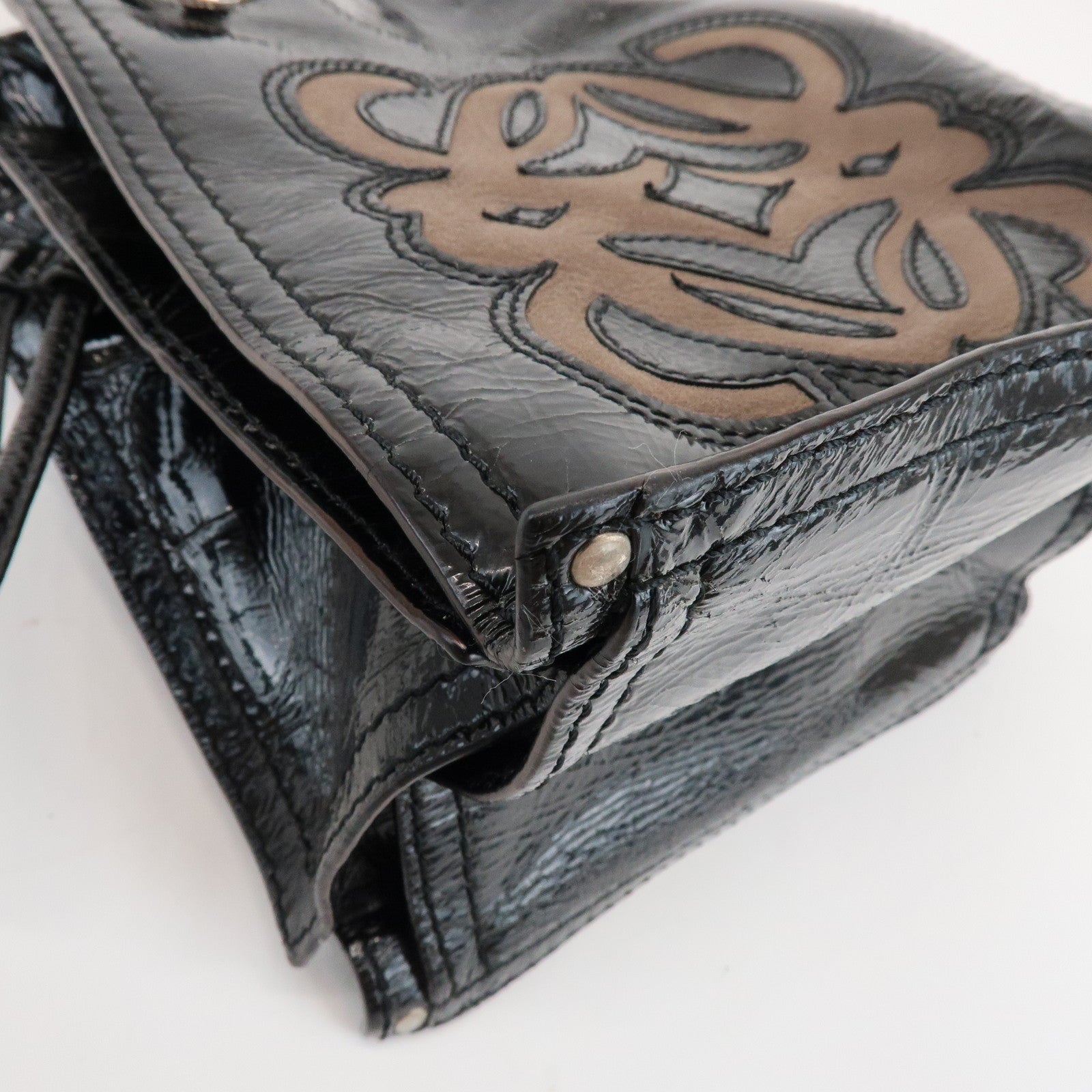 LOEWE Anagram Patent Leather Hand Bag Shoulder Bag Black Brown