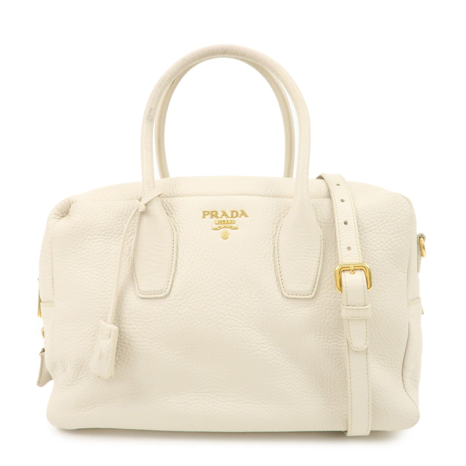 PRADA Logo Leather 2Way Boston Shoulder Bag Gold HDW Ivory