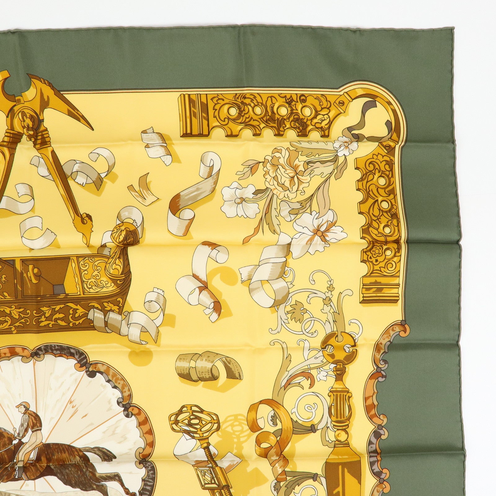 HERMES Carre 90 Silk 100% Scarf Copeaux Gold Yellow Moss Green