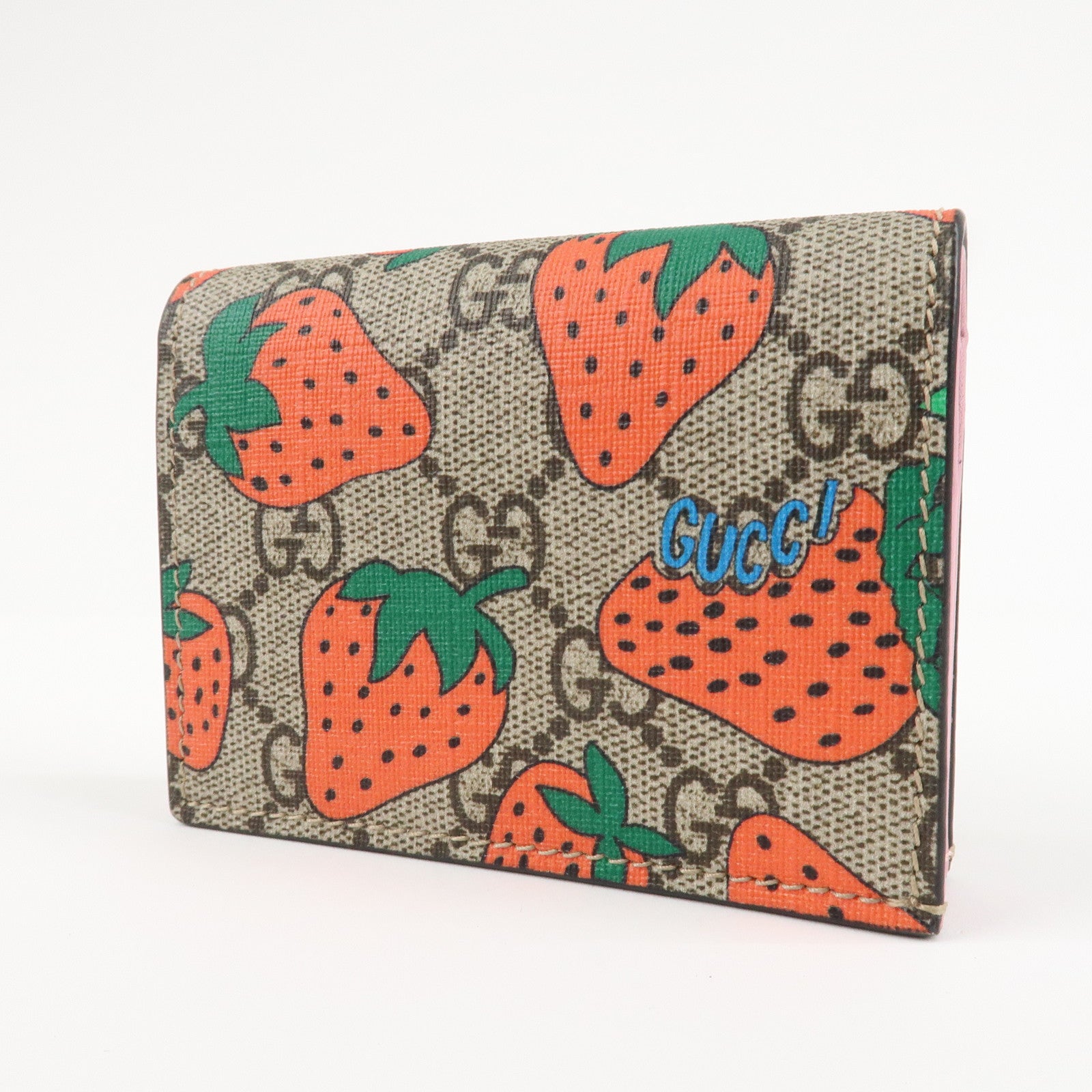 GUCCI GG Supreme Leather Strawberry Print Bi-fold Wallet 573839 Used