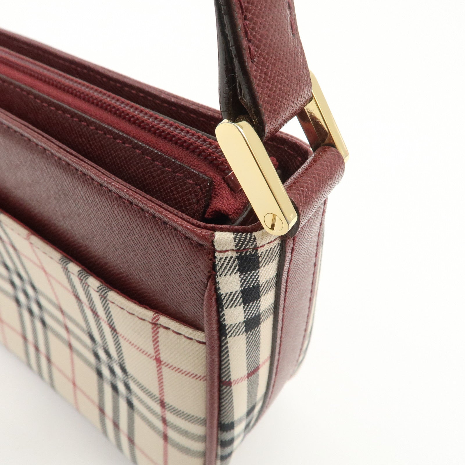 BURBERRY Leather Canvas Shoulder Bag Hand Bag Nova Plaid Bordeaux Used