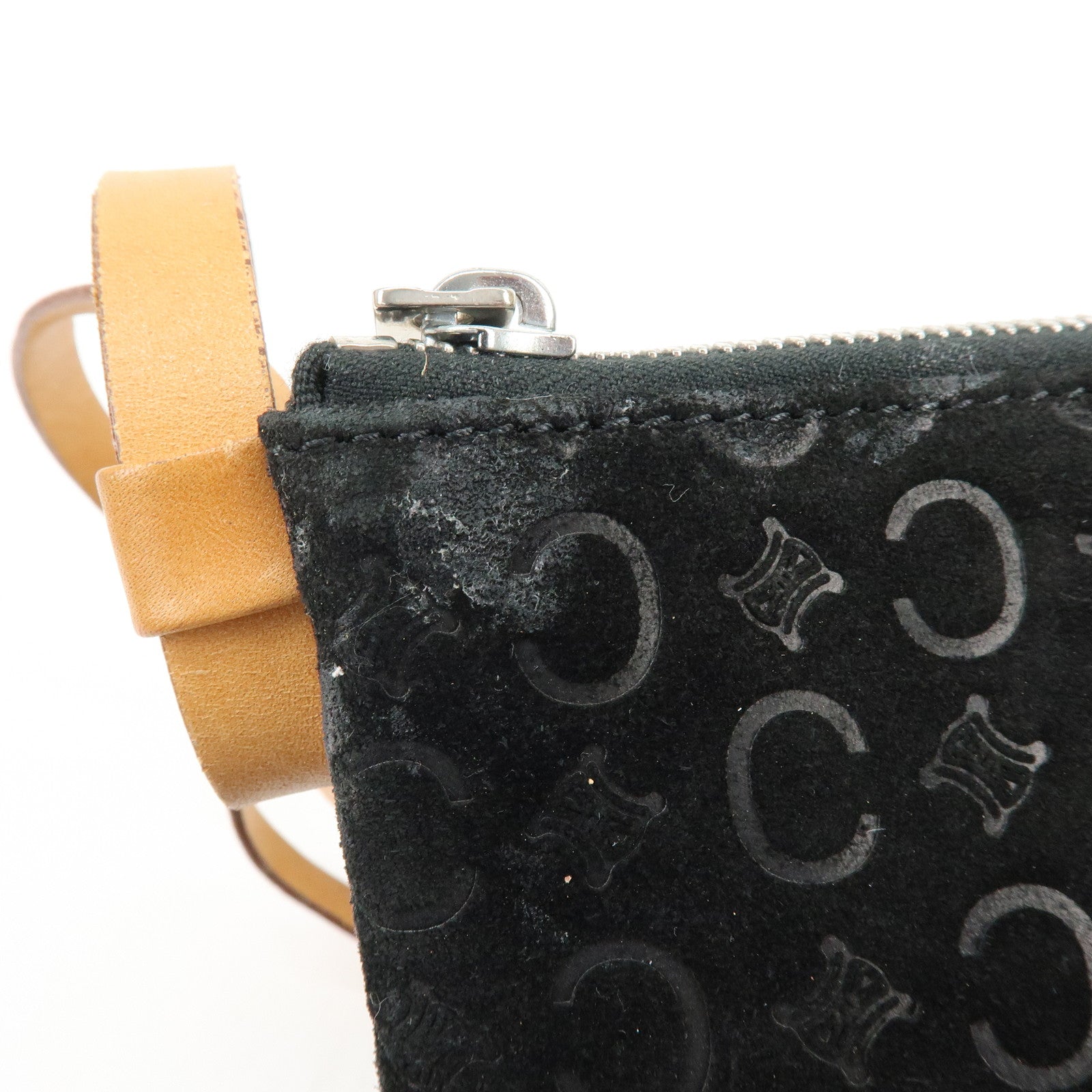 CELINE C Macadam Suede Leather Shoulder Bag Hand Bag Black Brown
