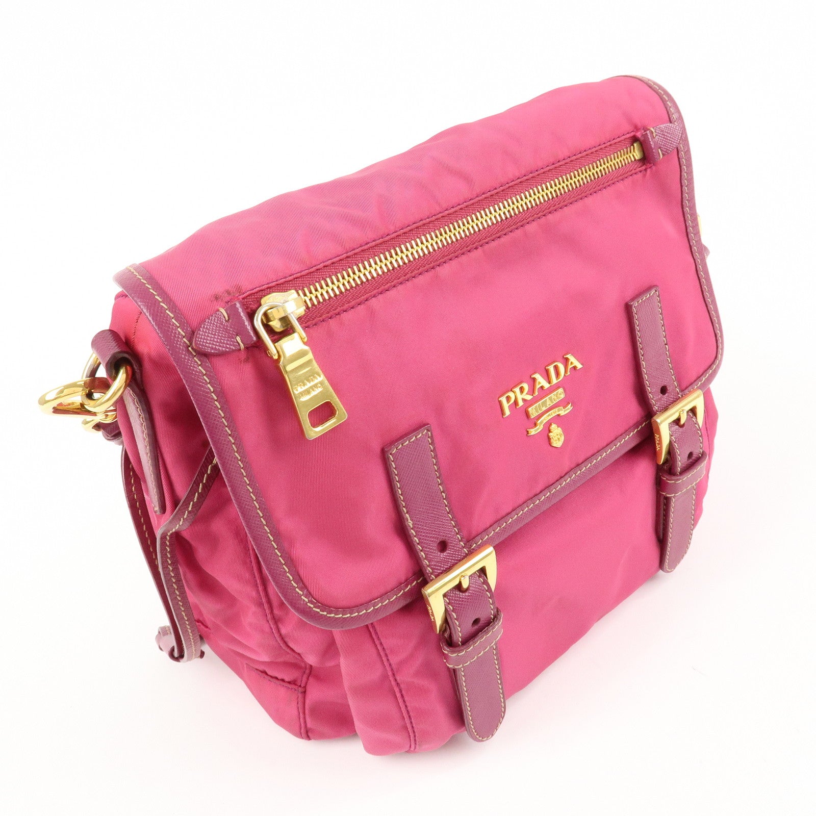 PRADA Nylon Saffiano Leather Flap Messenger Shoulder Bag Pink BT0697 Used