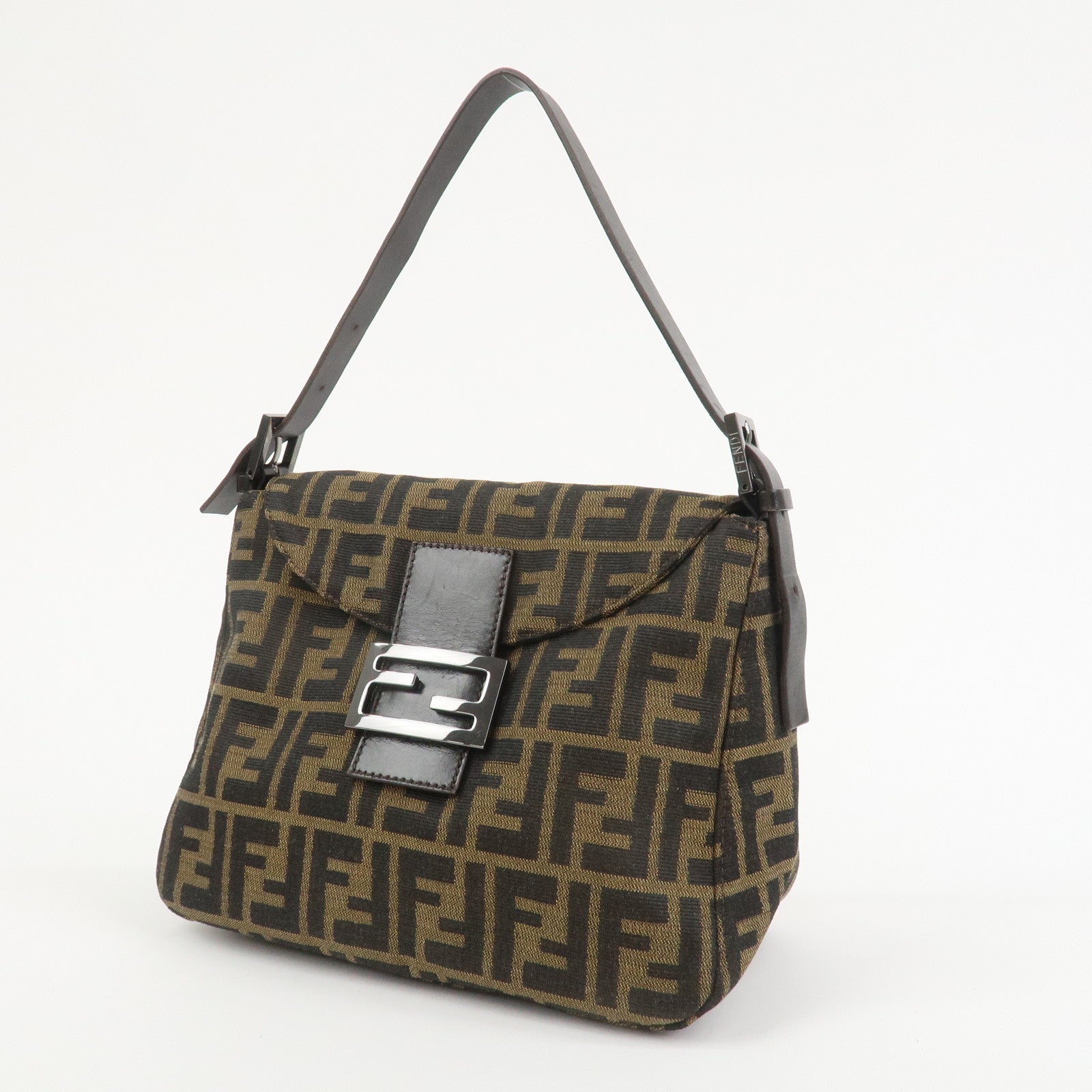 FENDI Mamma Baguette Zucca Leather Canvas Shoulder Bag Brown 8BR004