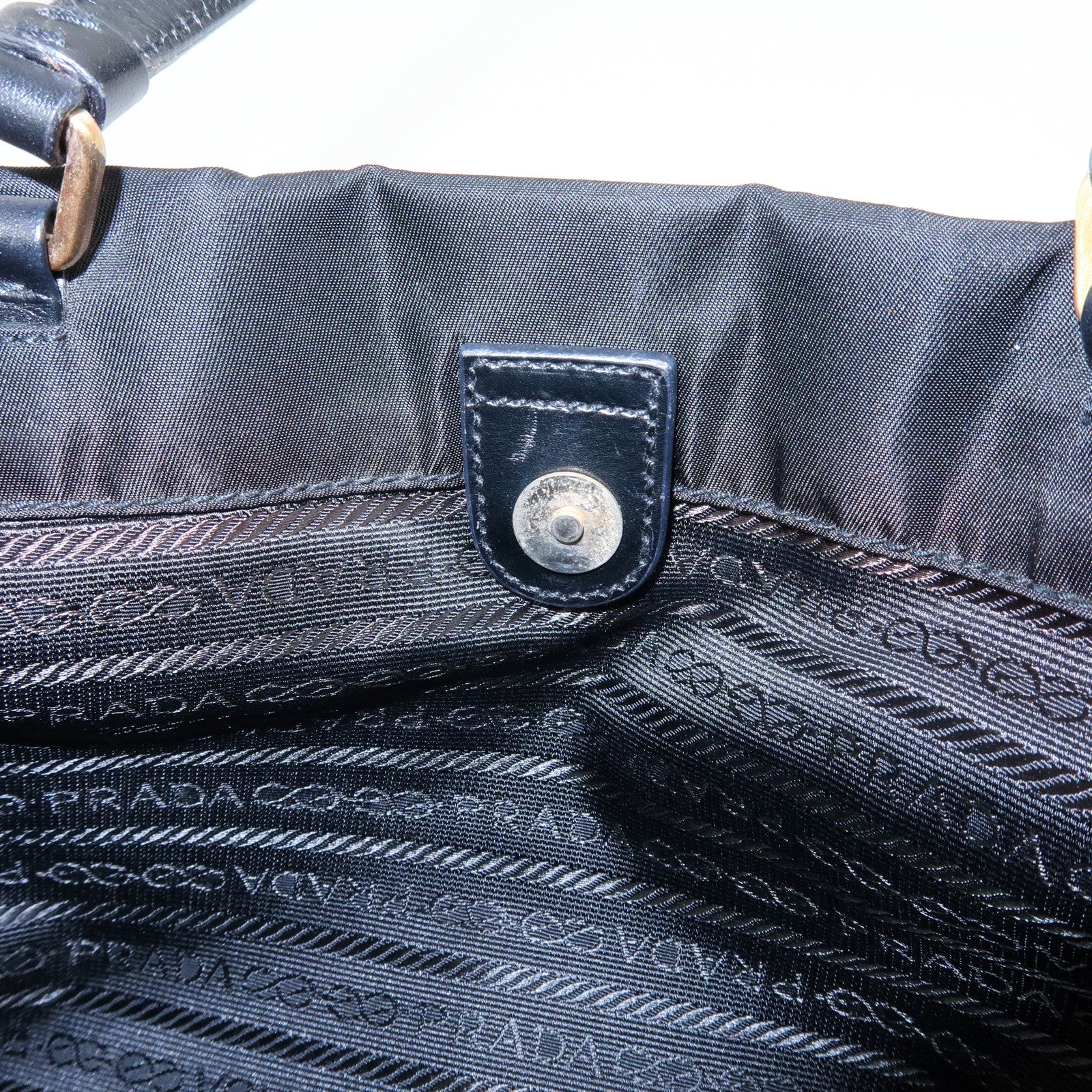 PRADA Triangle Logo Nylon Leather Tote Bag Hand Shoulder Bag Black