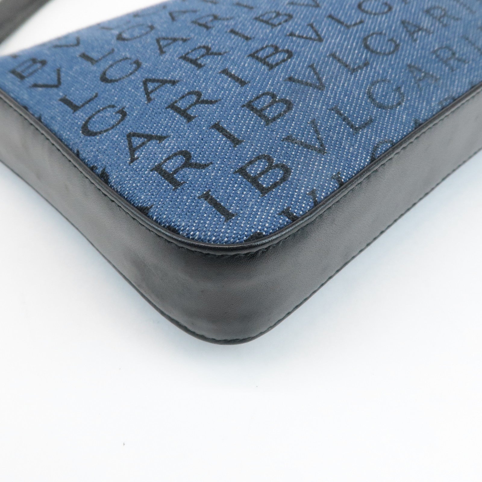 BVLGARI Logo Mania Denim Shoulder Bag Black Navy Blue Used