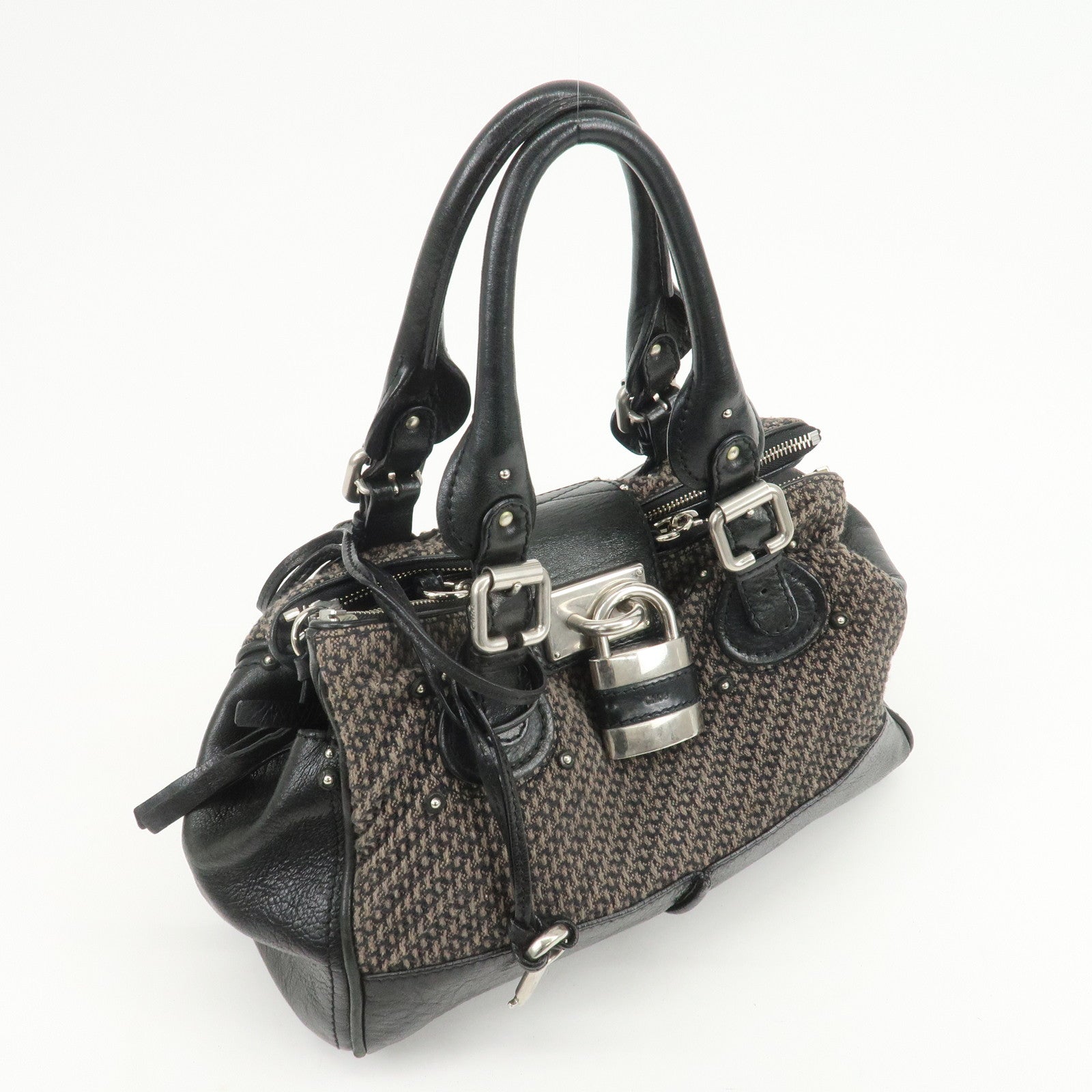 Chloe Paddington Leather Canvas Shoulder Bag Black Gray