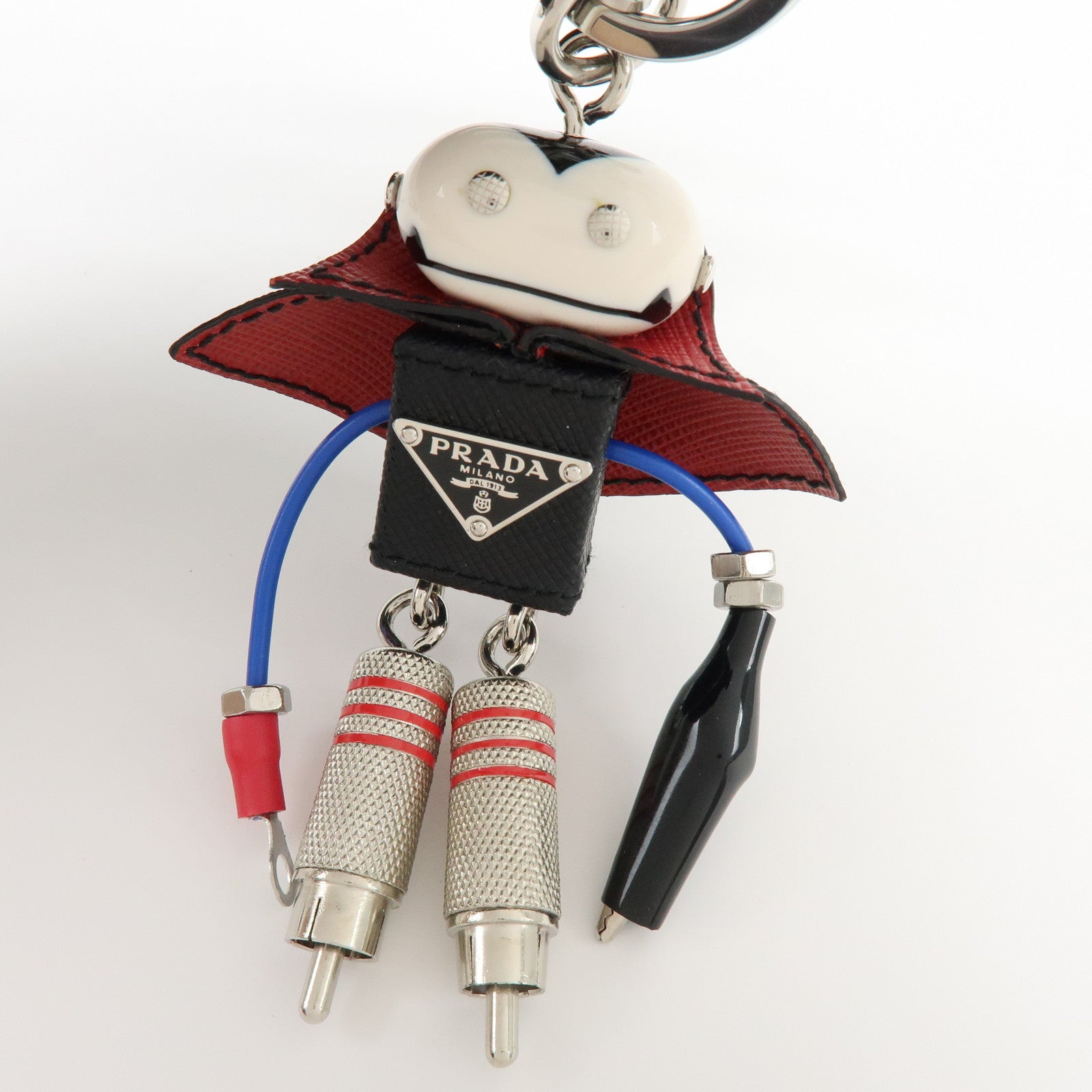 PRADA Triangle Logo Metal Saffiano Leather Bag Key Charm Black Red