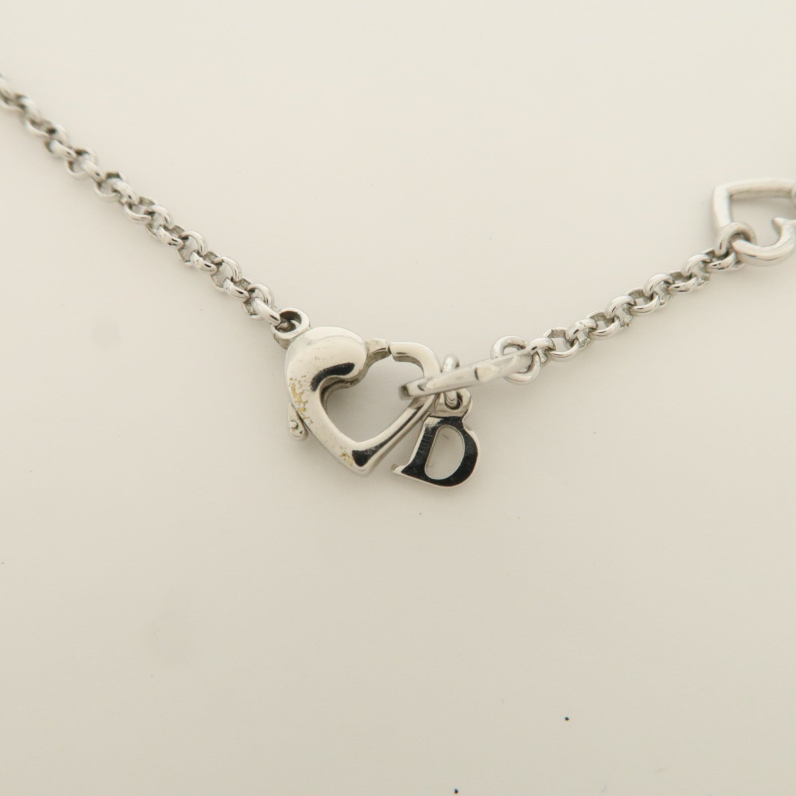 Christian Dior D Logo Heart Pendant Metal Necklace Silver