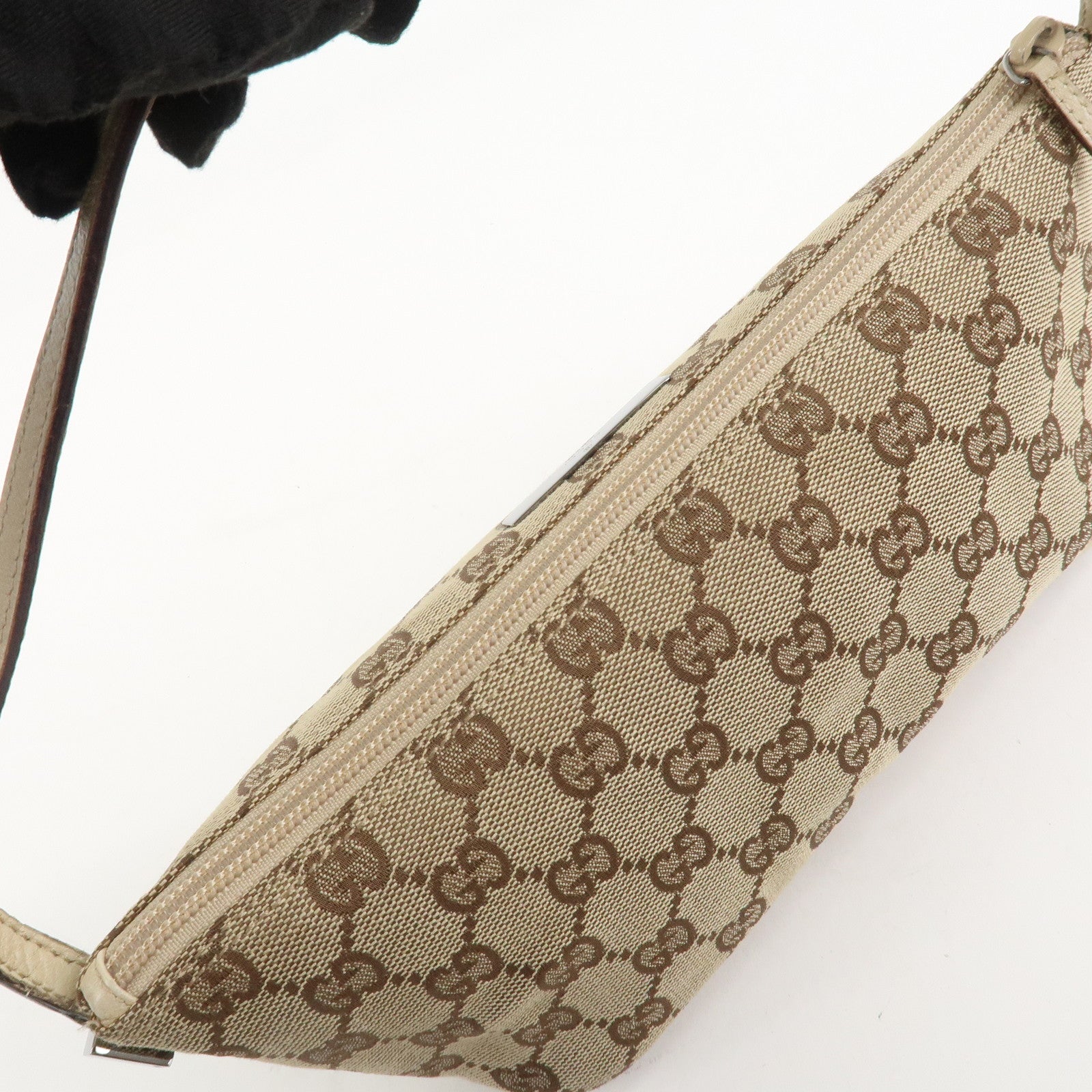 GUCCI Boat Bag GG Canvas Leather Hand Bag Pouch Beige Brown 07198