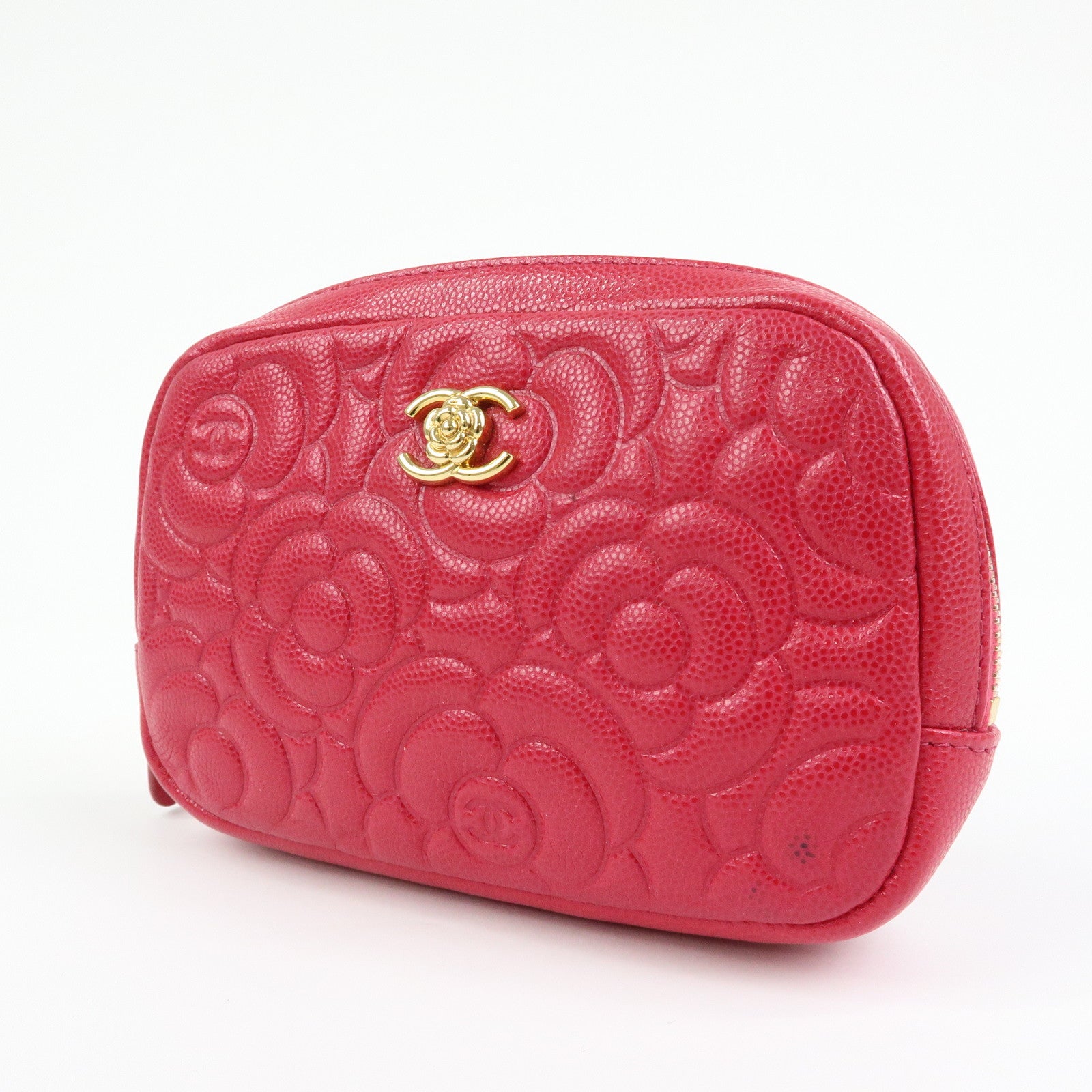 CHANEL Camellia COCO Mark Caviarskin Cosmetic Accessory Pouch Pink