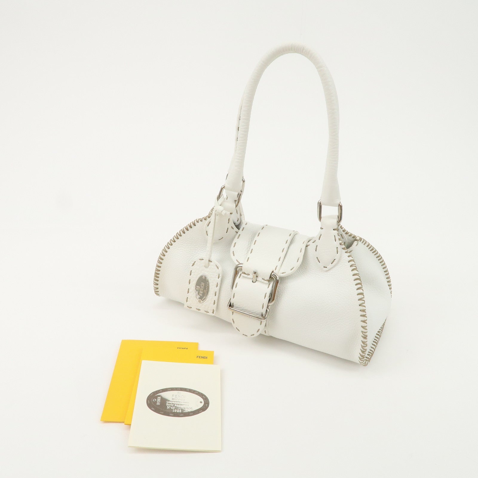 FENDI Seleria Leather Hand Bag White Silver HDW 8BR439