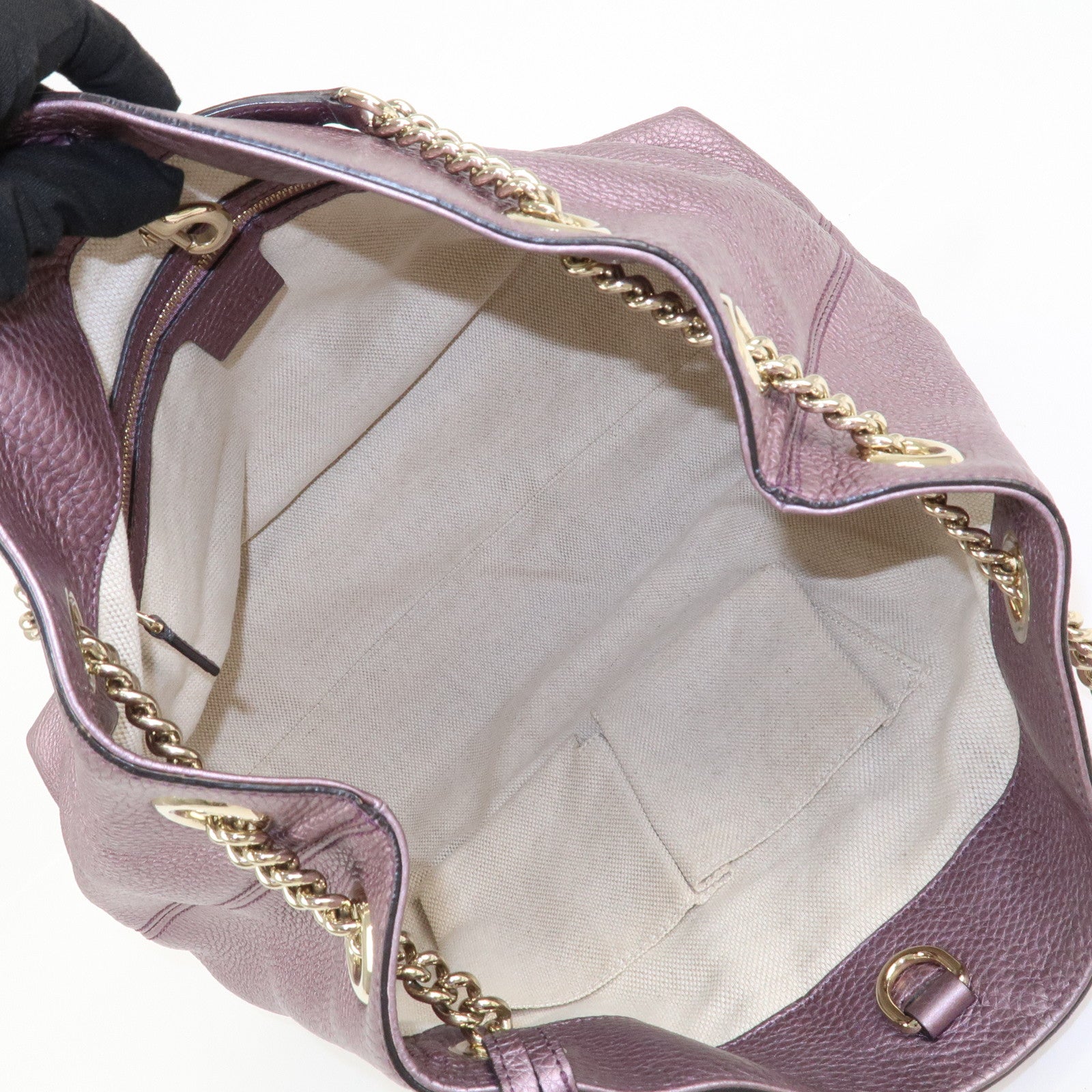 GUCCI SOHO Logo Leather Chain Shoulder Bag Metallic Purple 308982