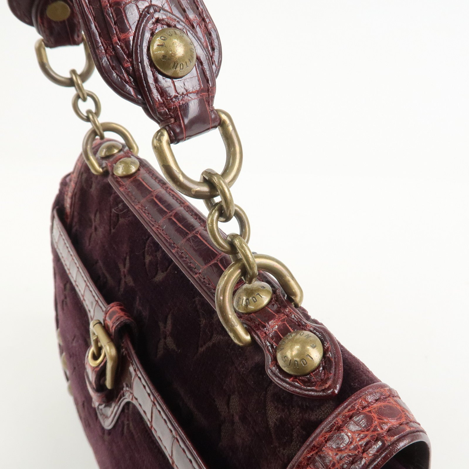Louis Vuitton Monogram Vleur Velvet Leather Hand Bag Burgundy