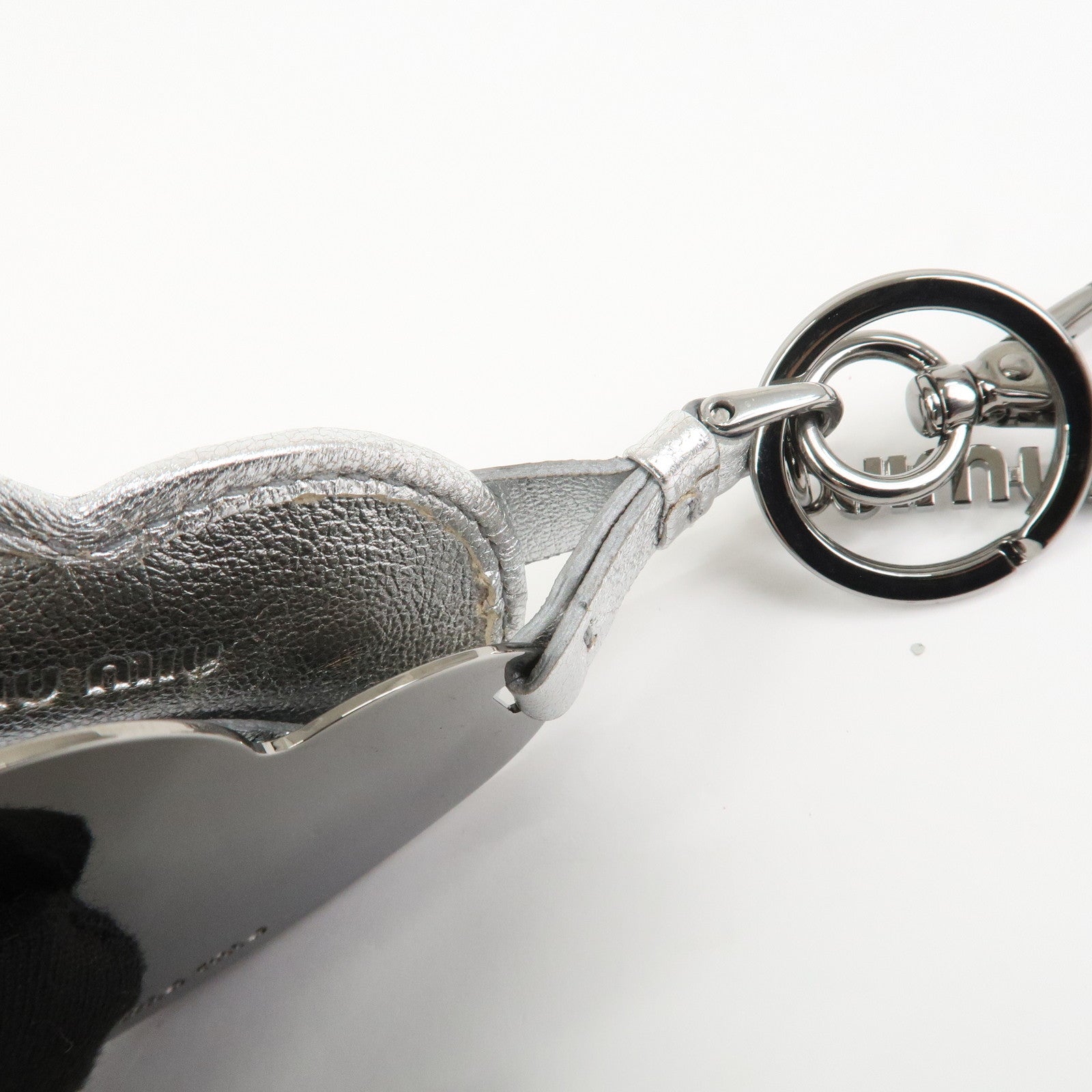 MIU MIU Heart Motif Glitter Leather Key Chain Bag Charm Silver